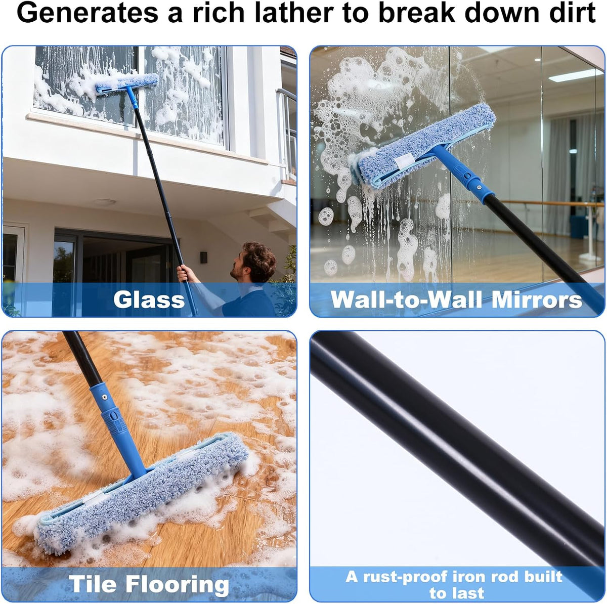 3-in-1 Professional Window Squeegee Kit with 2 Squeegee, 2 Microfiber Scrubber, 1 Razor Scraper, Thick Iron, 77.5" Window Squeegee with Extension Pole for Car, Glass, Mirror, Wall, Bathroom, Home, Van