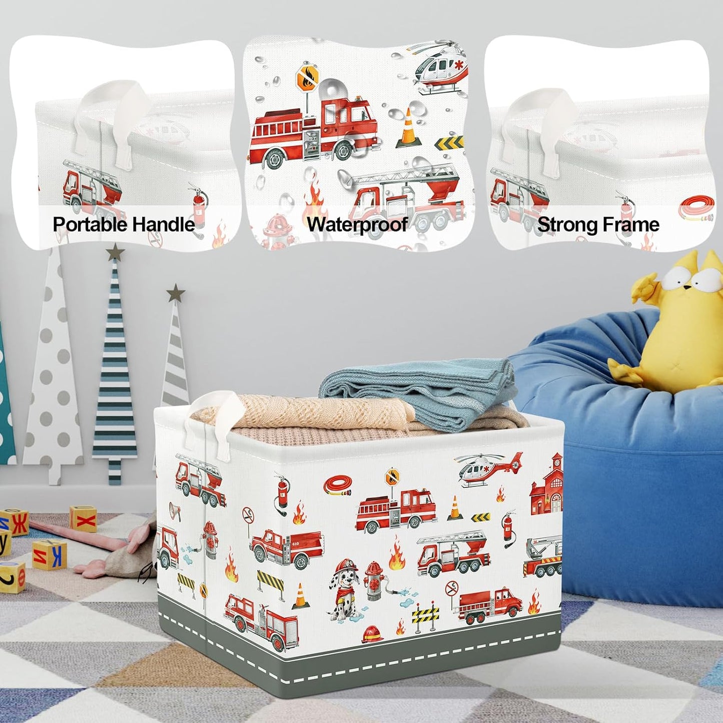 Clastyle Rectangle Large Red Fire Car Boy Gift Basket Collapsible Spotted Dog Engine Book Shelf Basket Toy Clothes Cube Storage Basket for Kids Room Nursery
