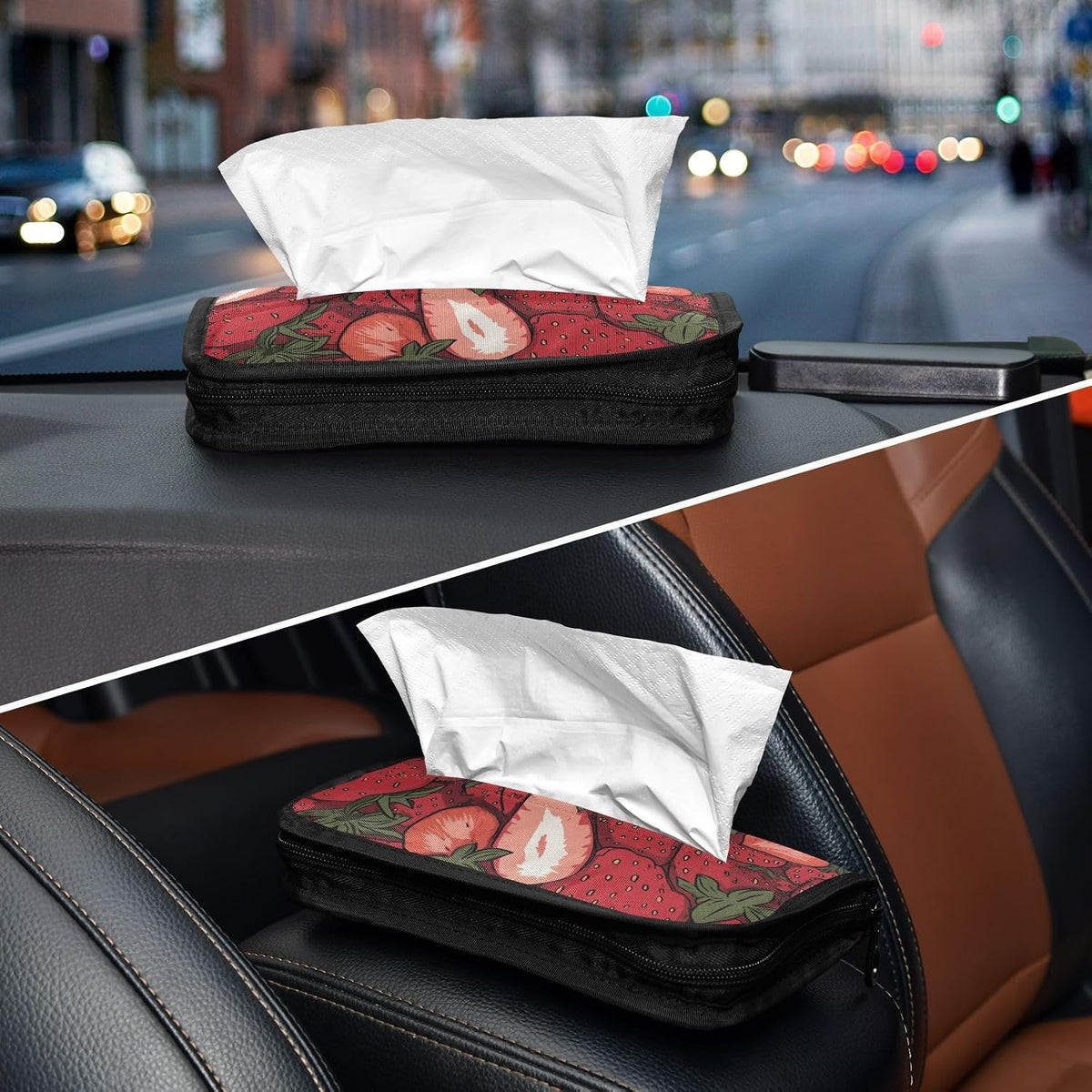 Car Tissue Holder Car Napkin Holder Car Tissue Box Dispenser Storage Case Sun Visor Mask Holder with Adjustable Straps Reusable Refillable Cartoon Red Strawberry