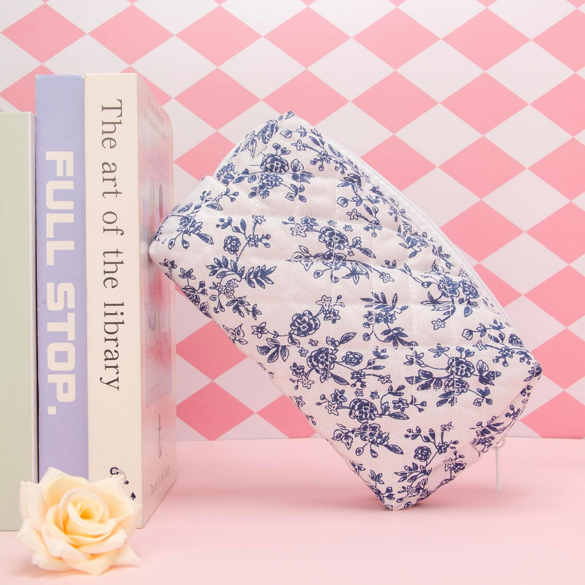 PAZIMIIK Small Quilted Makeup Bag,Zipper Cosmetic Pouch,Jouy Blue,2 Pack