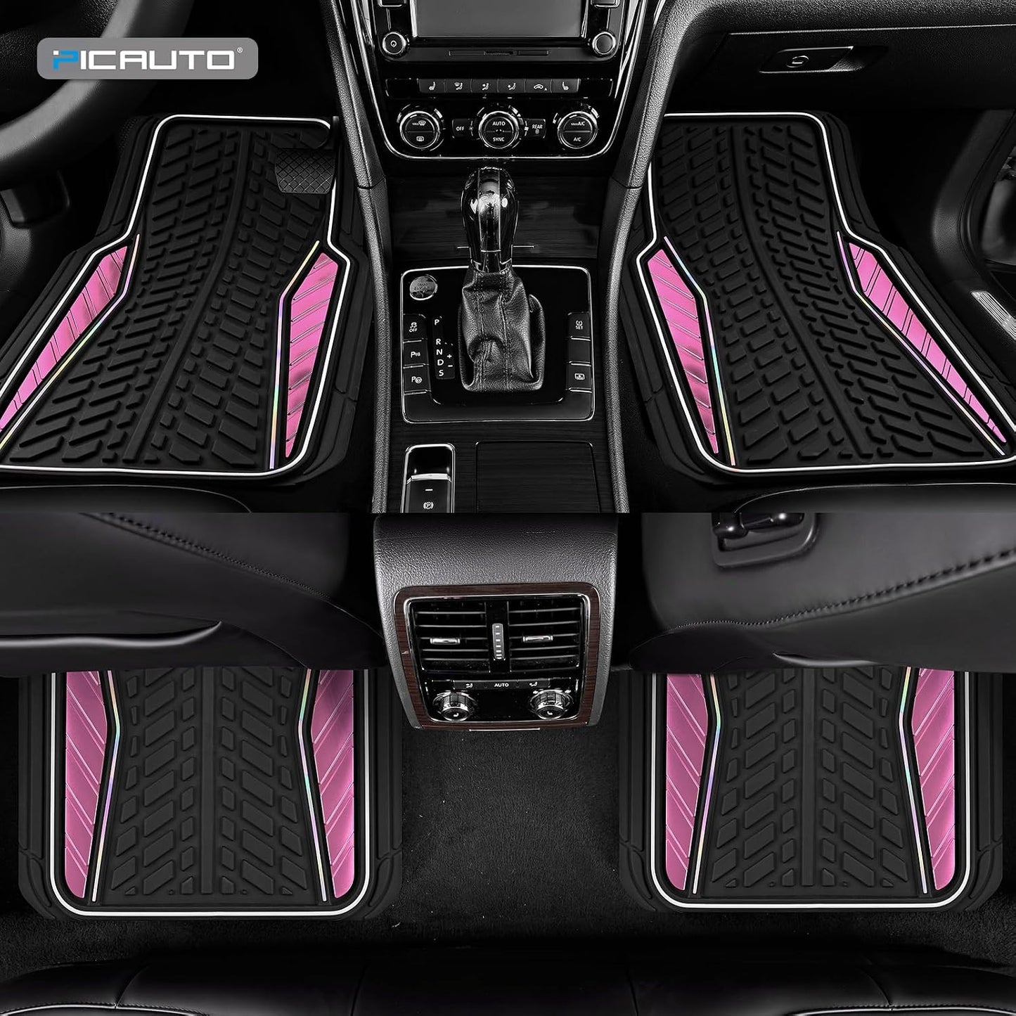 PIC AUTO Car Floor Mats, Pink Aluminum-Molded with Full-Circle Iridescent Inlay Strip Car Mats, Universal-Fit Rubber Mats for Cars, Trucks & SUVs, All-Weather, Non-Slip, Easy-to-Clean Interior Mats