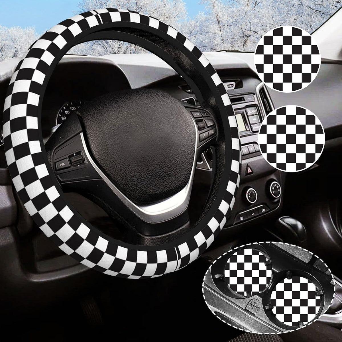 Black and White Checkered Steering Wheel Cover Rubber Anti-Slip 14.5-15 Inch Universal Steering Wheel Cover with 2 Pieces Car Coasters Suitable for Men Women