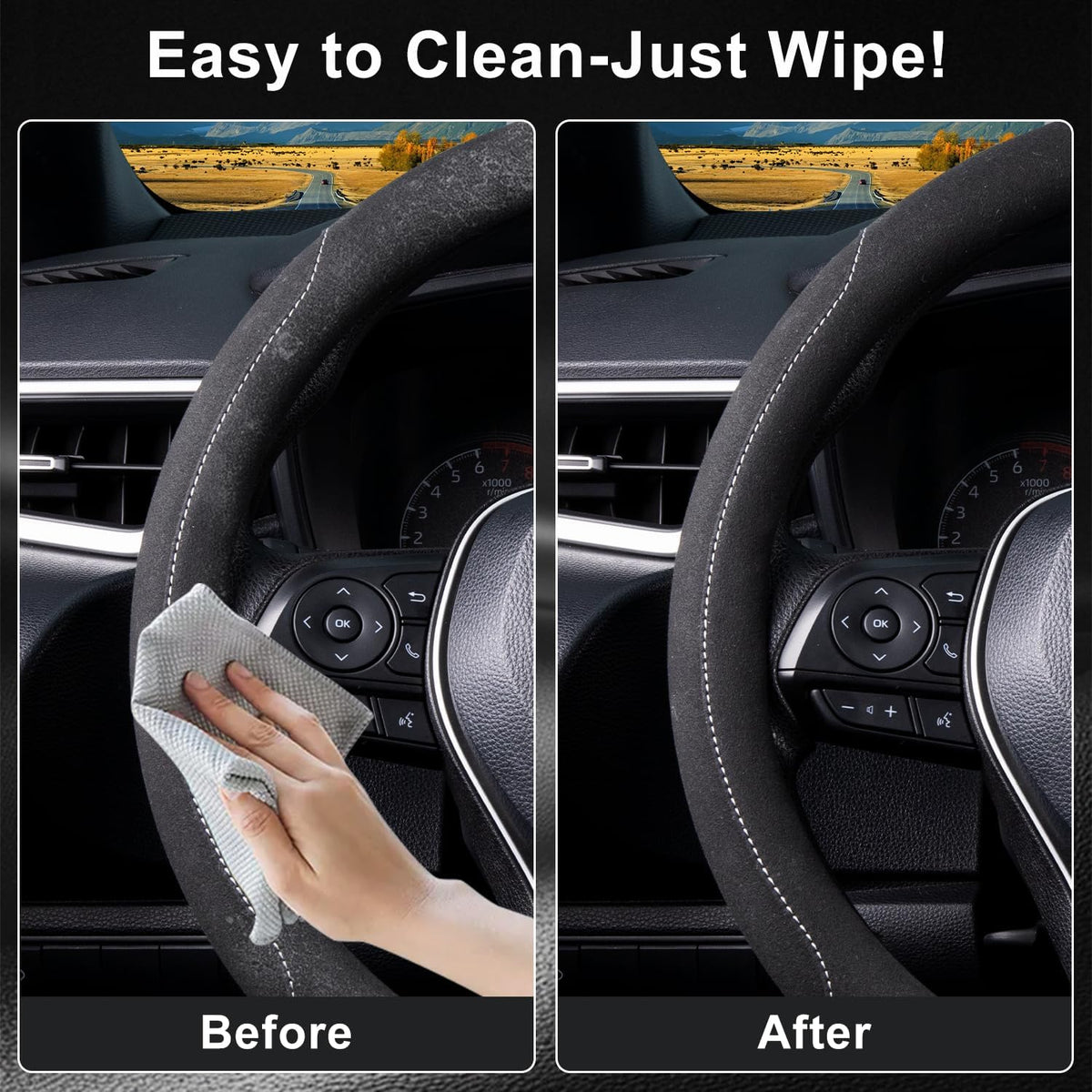 COFIT 15 inch Microfiber Suede Car Steering Wheel Cover, Universal Anti-Slip Grip Protector for SUV Truck, Black