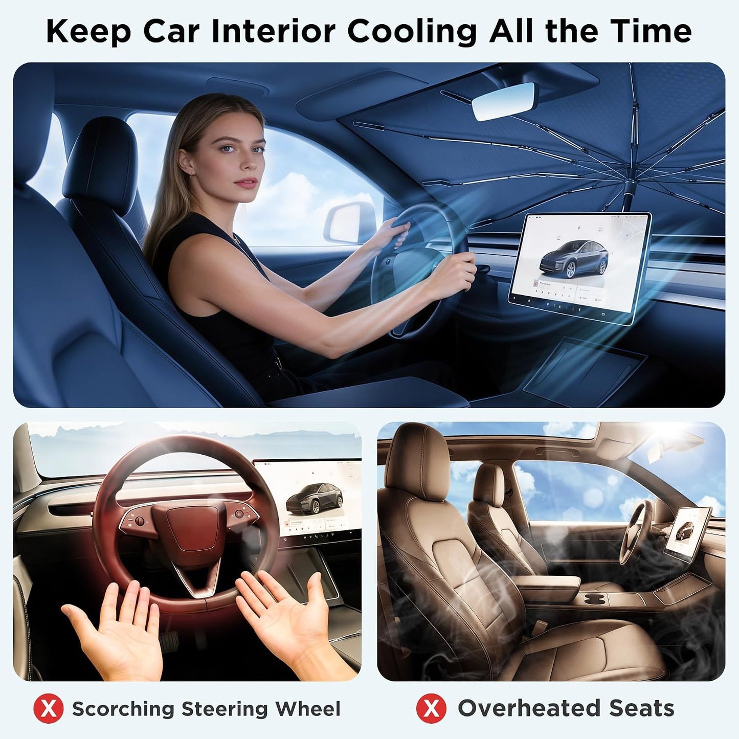 2026 Upgraded Windshield Sun Shade Umbrella [7-Layer Vinyl Coating Heat Shield] Foldable Front Window Sunshade Umbrella Flexible Handle Protect Interior from UV Keep Car Cooler (57" x 31")
