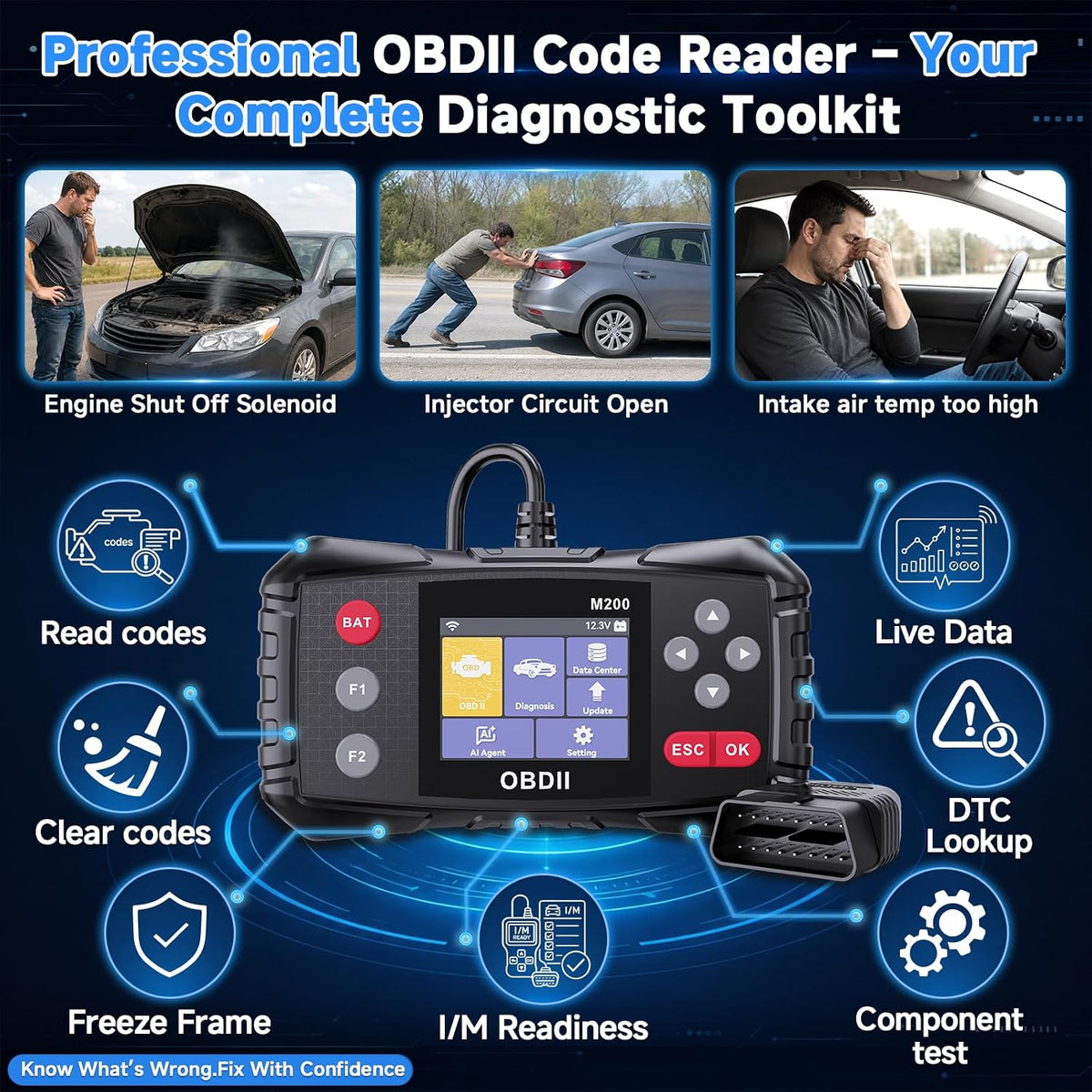 OBD2 Scanner with ABS and SRS Transmission, AI Diagnosis Quick Scan
