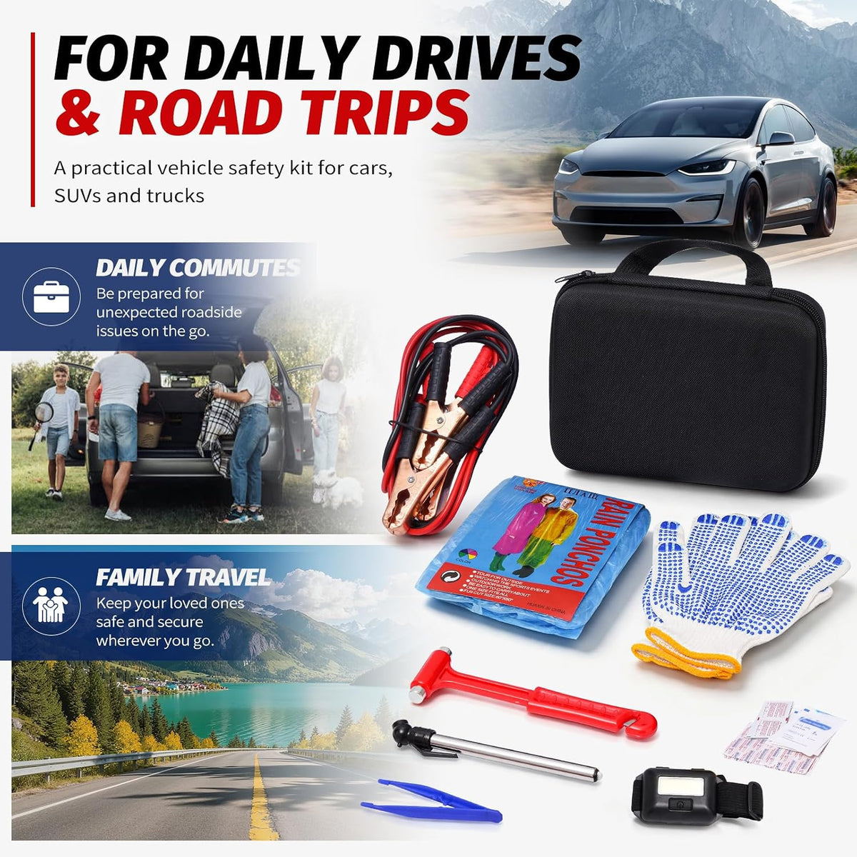Car Emergency Kit with Jumper Cables, Gloves, Rainwear, Tire Gauge and Headlamp, Roadside Safety Kit for Vehicles with Reflective Vest and Safety Accessories