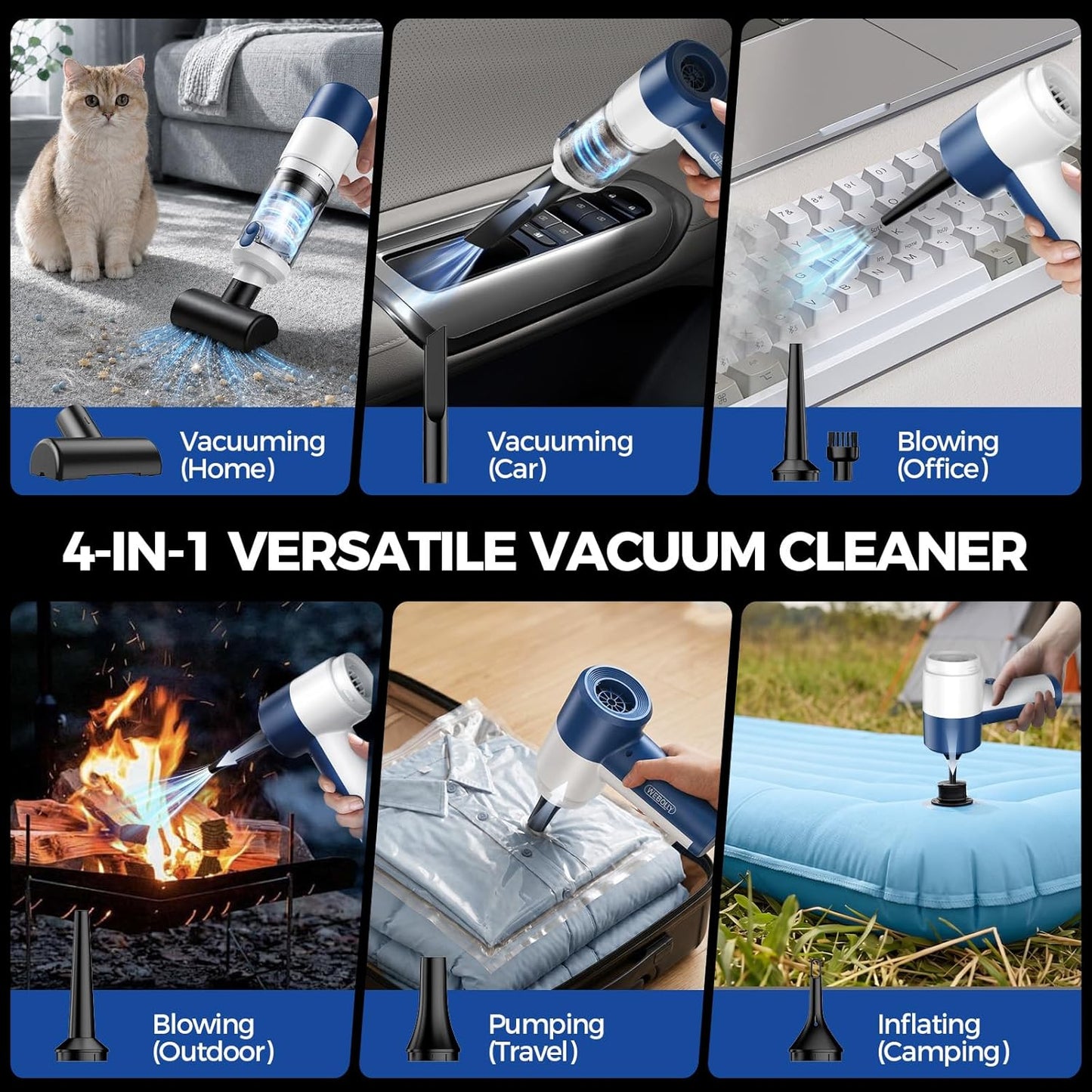 Car Vacuum/Air Duster Portable Cordless - 16000PA High Power Handheld Vacuum with 85,000RPM Brushless Motor, 4-in-1 Rechargeable Mini Vacuum & Blower & Pump for Car Detailing, Home, Office, Pet Hair