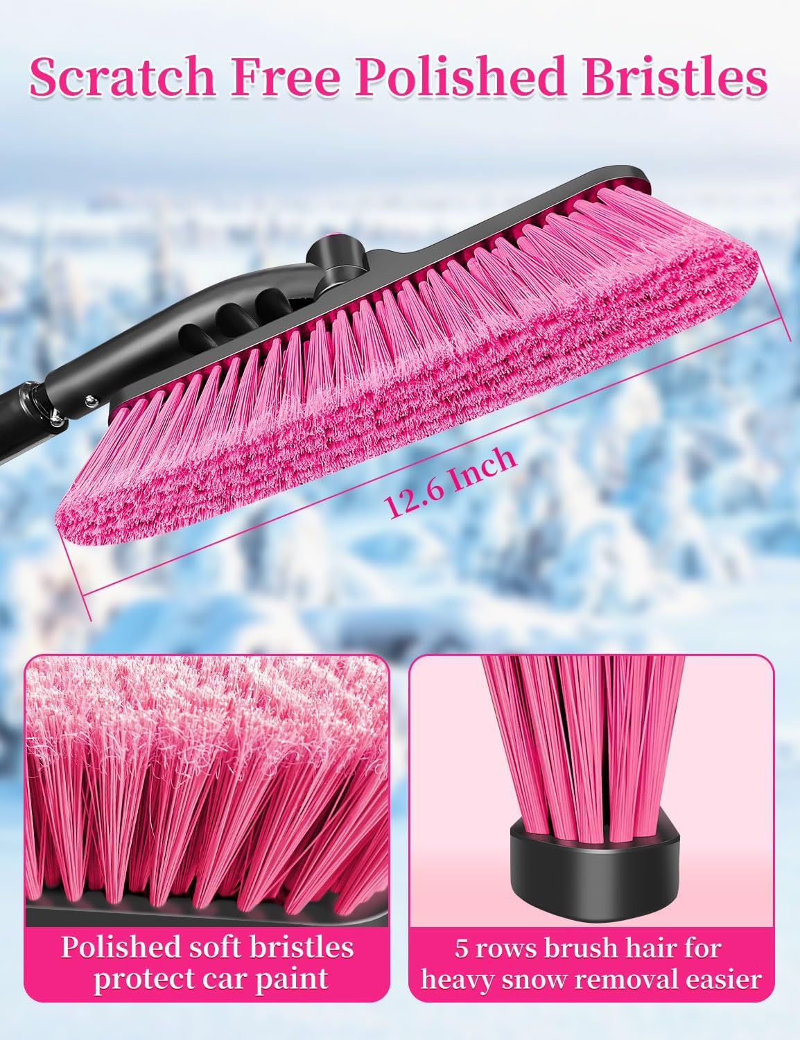 HEEYA 44 Inch Snow Brush for SUV, Ice Scraper for Car Windshield Window, Extendable Snow Scraper and Brush with Comfortable Foam Grip for Truck Vehicle Automobile - Pink