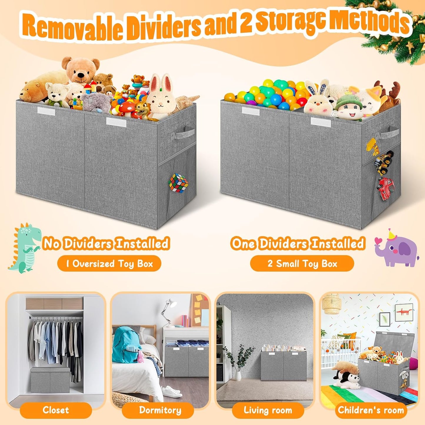 Rocamdo Large Toy Storage Box with Lid Divider, Sturdy Collapsible Toys Organizer Chest Kids Storage Bins Boxes Baskets for Boys, Girls, Nursery, Bedroom, Living Room, Playroom, 25"x13"x16", Gray