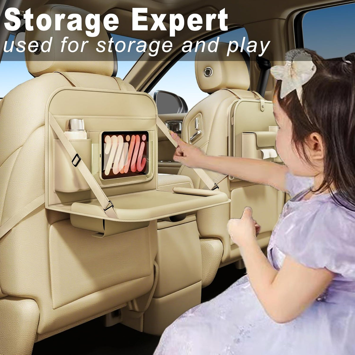 GMQ Backseat Car Organizer with Tray 1 Pack,Car Back Seat Eating Tray for Kids, Multifunctional Laptop Desk,Back Seat Car Storage & Tablet Holder for Children(Beige, 1PC)