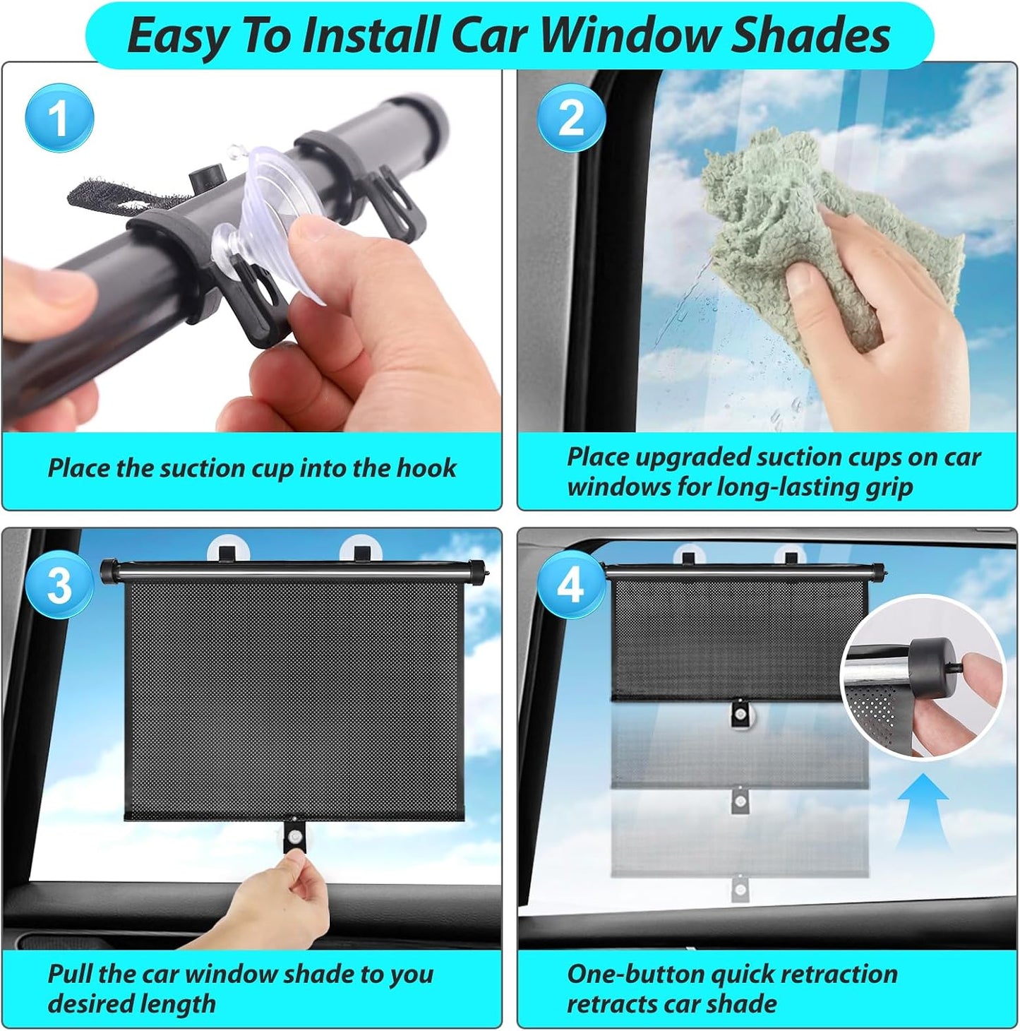 SYOURSELF Sun Shade for Car Window Baby, 2 Pack Retractable Sun Shade for Car Blocks Maximum UV Rays & Ice-Crystal Cooling, Roller Sunshade Visors for Baby, Children, Pets, and Passengers