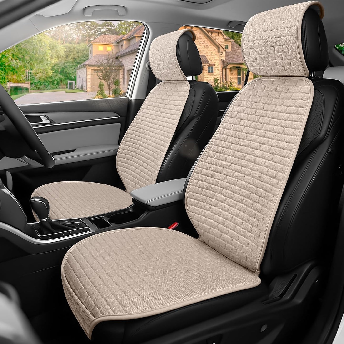 Linen Car Seat Covers Front Seat Covers - 2 PCS Durable & Non-Slip Breathable Cloth Fabric Car Seat Protector, Universal Fit for Most Automotive, Vans, SUVs, Trucks - Beige