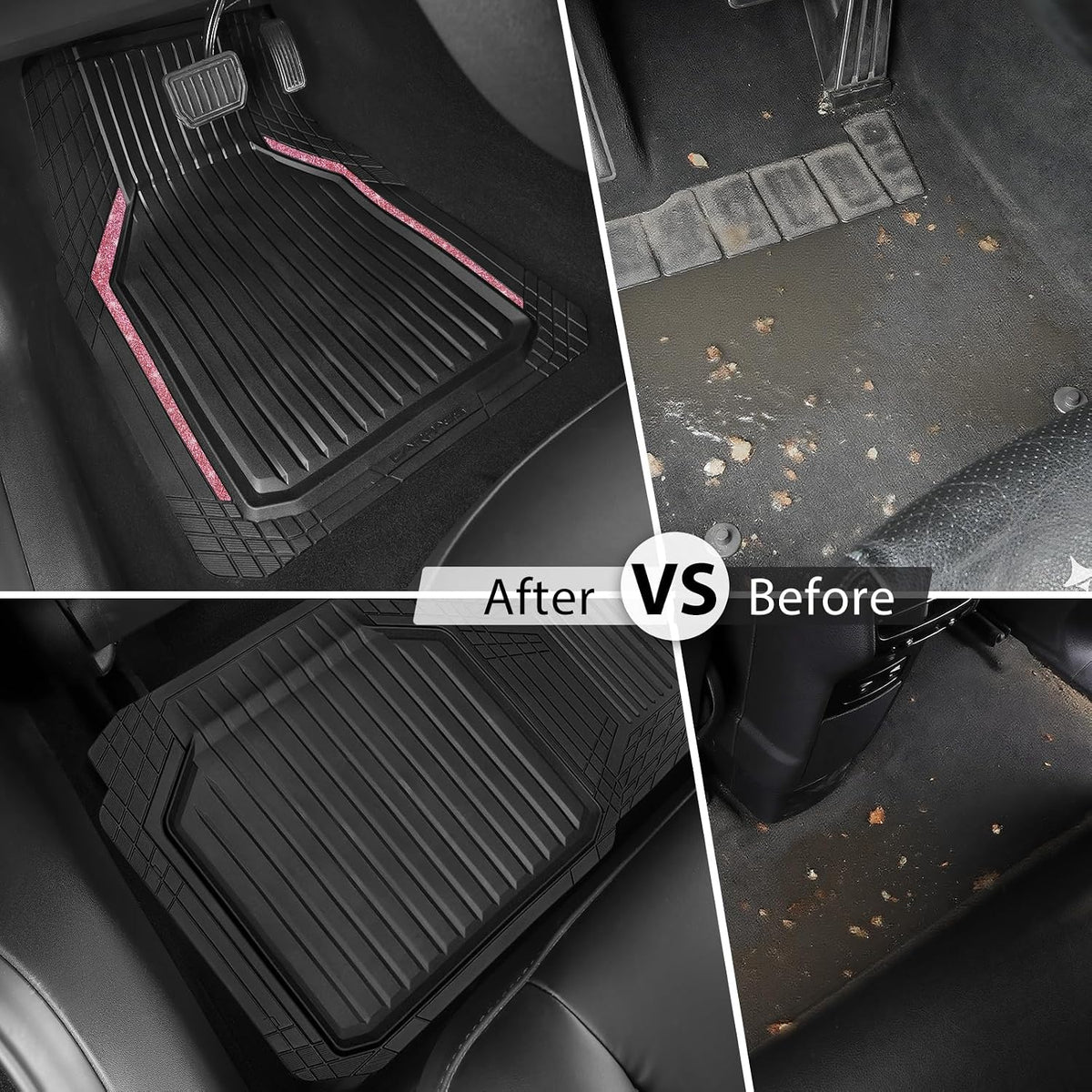 CAR PASS Pink Heavy Duty Rubber Floor Mats for Car, Waterproof Liner Deep Dish Bling Car Mats Full Sets, Universal Trim to Fit for SUV Truck Sedans Vans, All Weather Floor Mats, Pink Sparkly