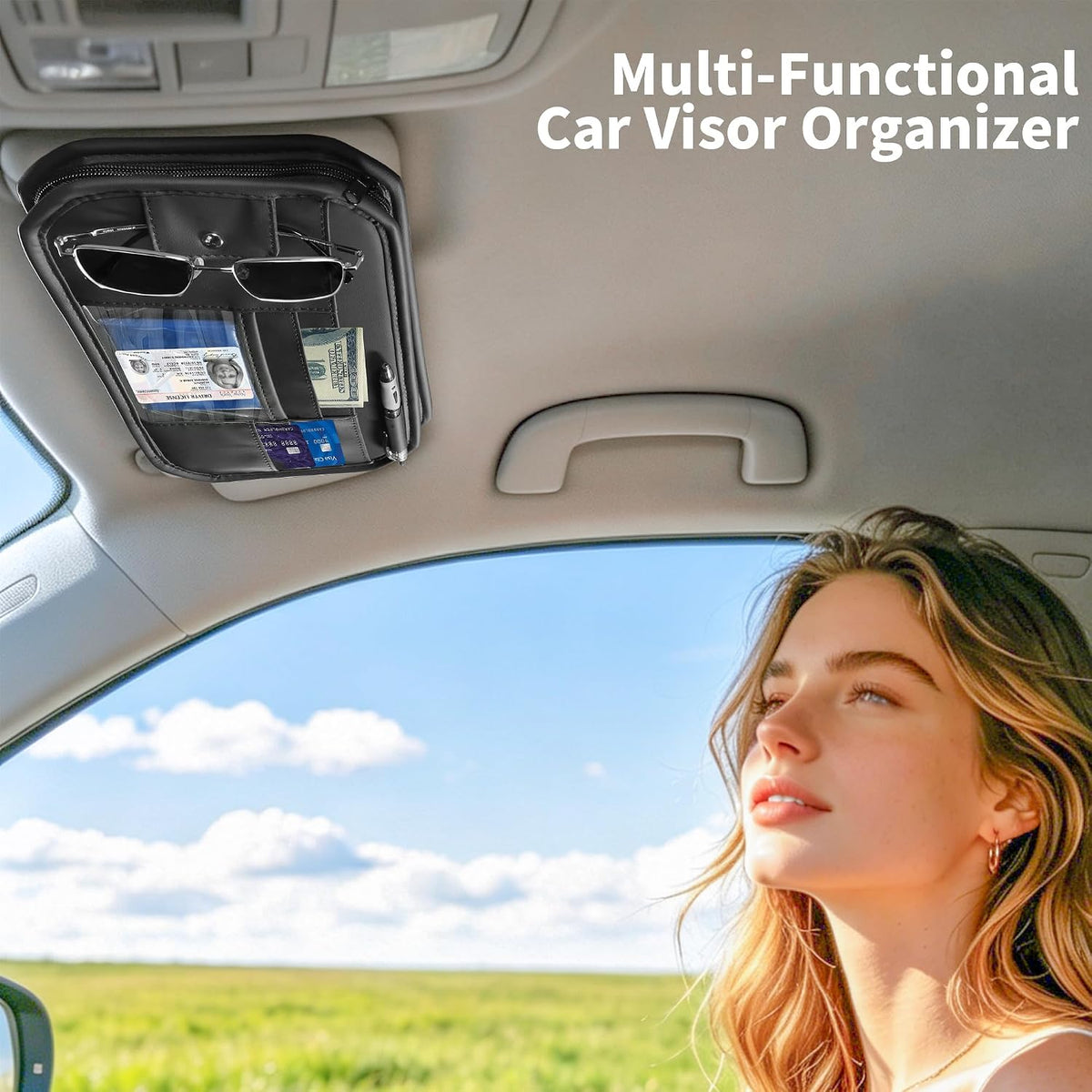 Car Sun Visor Organizer with Multi Pockets PU Leather Zipper Bag