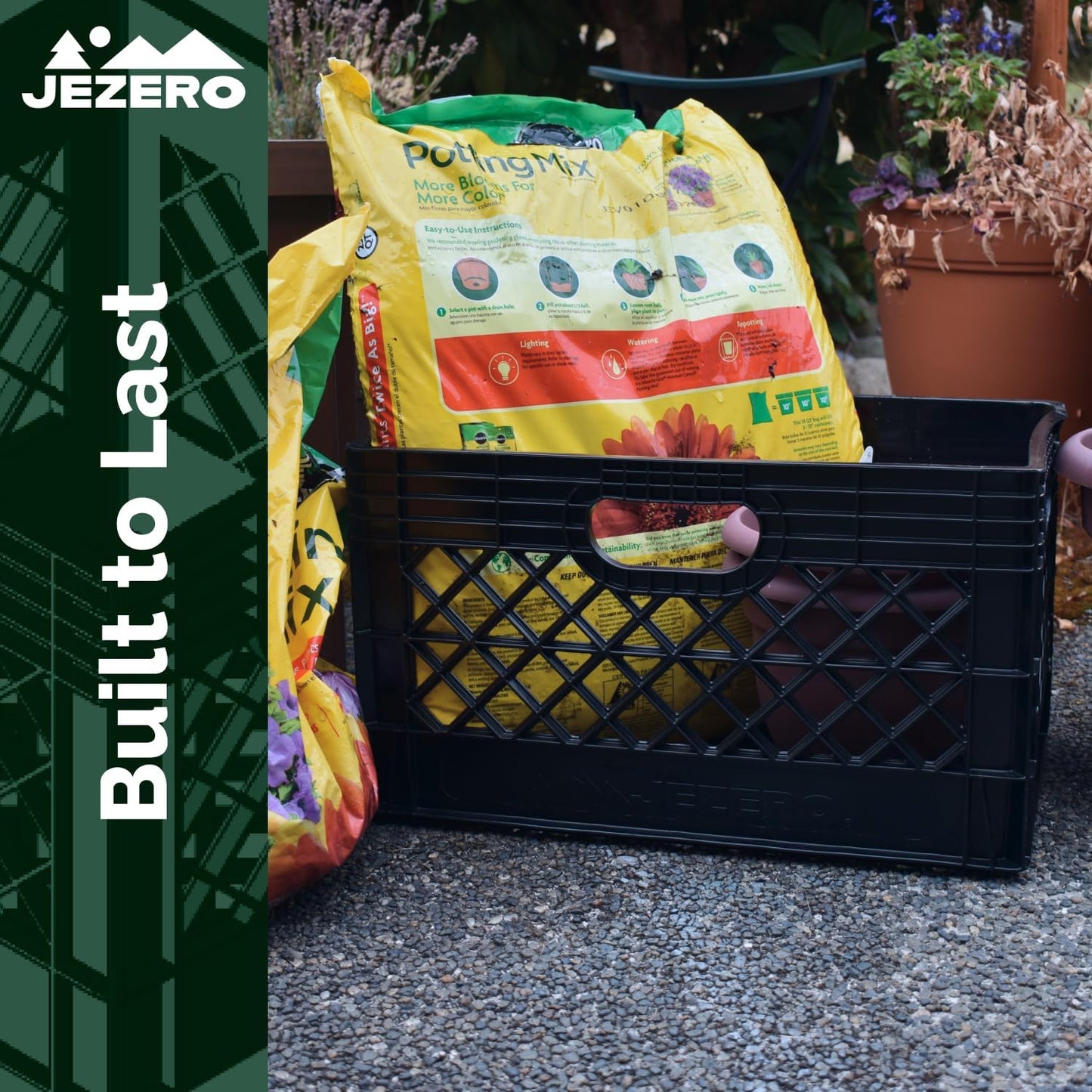 JEZERO 24 Quart Heavy Duty Plastic Crate | Stackable Multi-Purpose Storage Bin for Garage, Home, Office, Groceries, Outdoor, Camping & Kayaking | Black Utility Tote, 19" x 13" x 11"