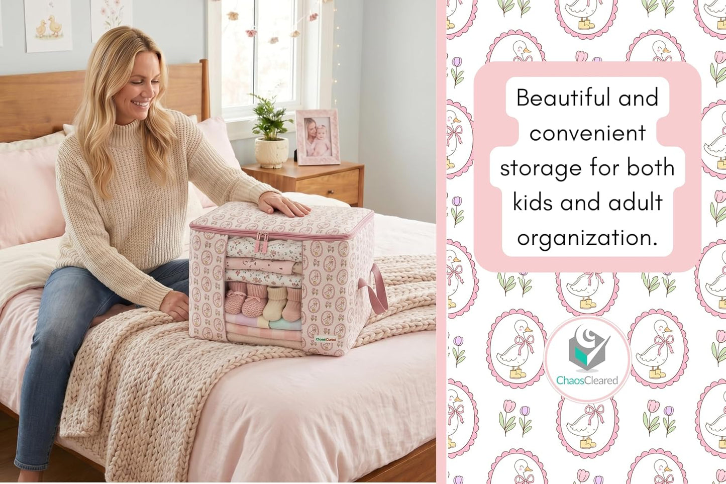 Chaos Cleared Kids Storage Bags – 100% Cotton Canvas Toy & Clothes Organizer with Cute Design – Storage Bin for Stuffed Animals, Baby Items & Clothes with Zipper & Handles (Pink Duck Print)