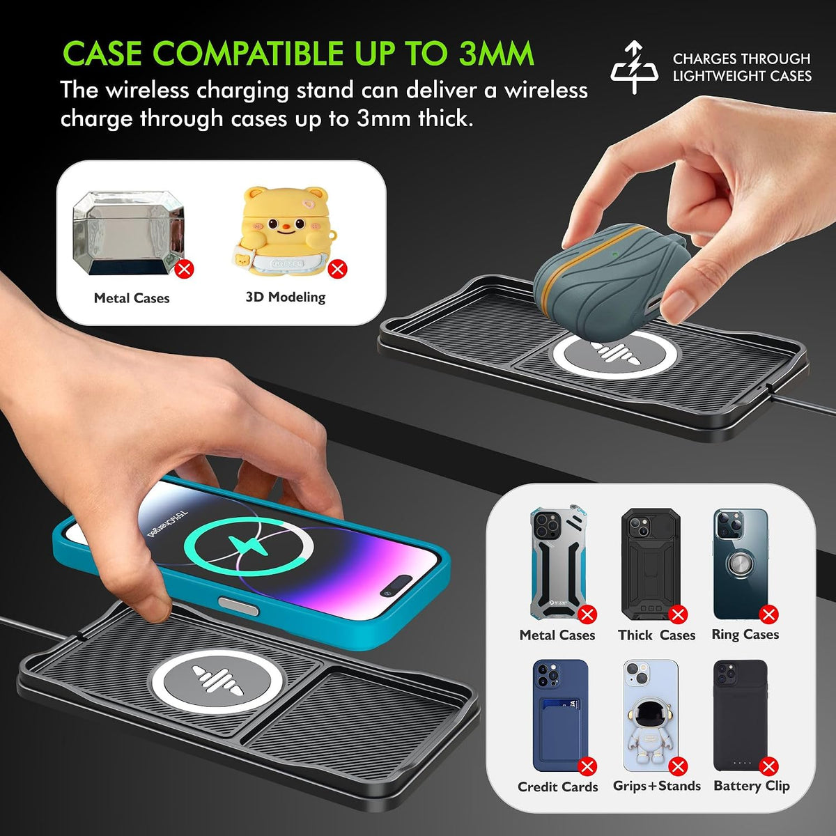 Wireless Car Charger Pad, LANSEMKU 15W Fast Wireless Charging Pad for Car, Non-Slip Smart Safe Phone Charger Mat with 20W Car Adapter, Compatible with iPhone 16 15 14 13 12 Pro Max AirPods, 30CM Cable