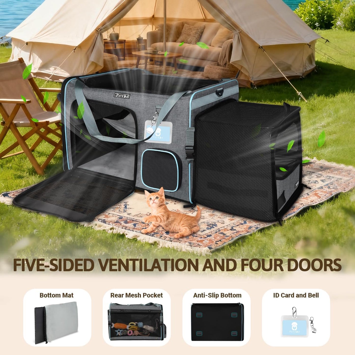 Petskd Side Expandable Extra Large Cat Car Carrier with Collapsible Litter Box for Long Distance Travel,24"x17"x17" Portable Soft Sided Pet Carrier with Roller Shades for 2 Cats Up to 55LBS(Grey)