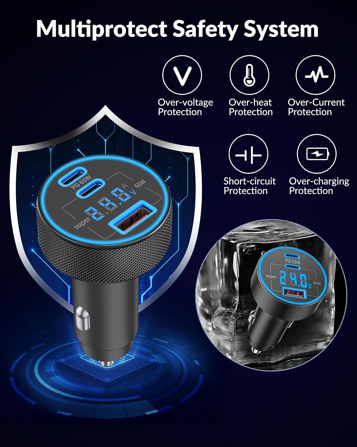 Car Charger USB C, 130W 3-Port Fast Cigarette Lighter USB Charger Adapter