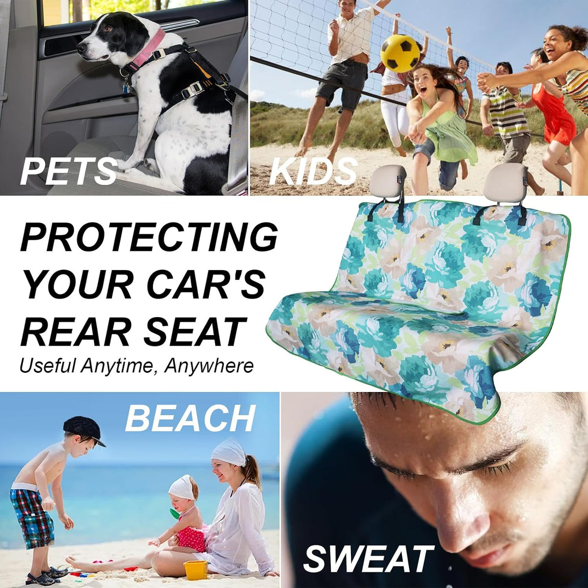 Sweat Towel Car Seat Cover Protector Front Seats for Gym Workout, Running, Swimming, Beach and Hiking, Waterproof Universal Seat Cover for Car, Trucks, Van & SUV (1, Cyan Flower, Rear Seat)