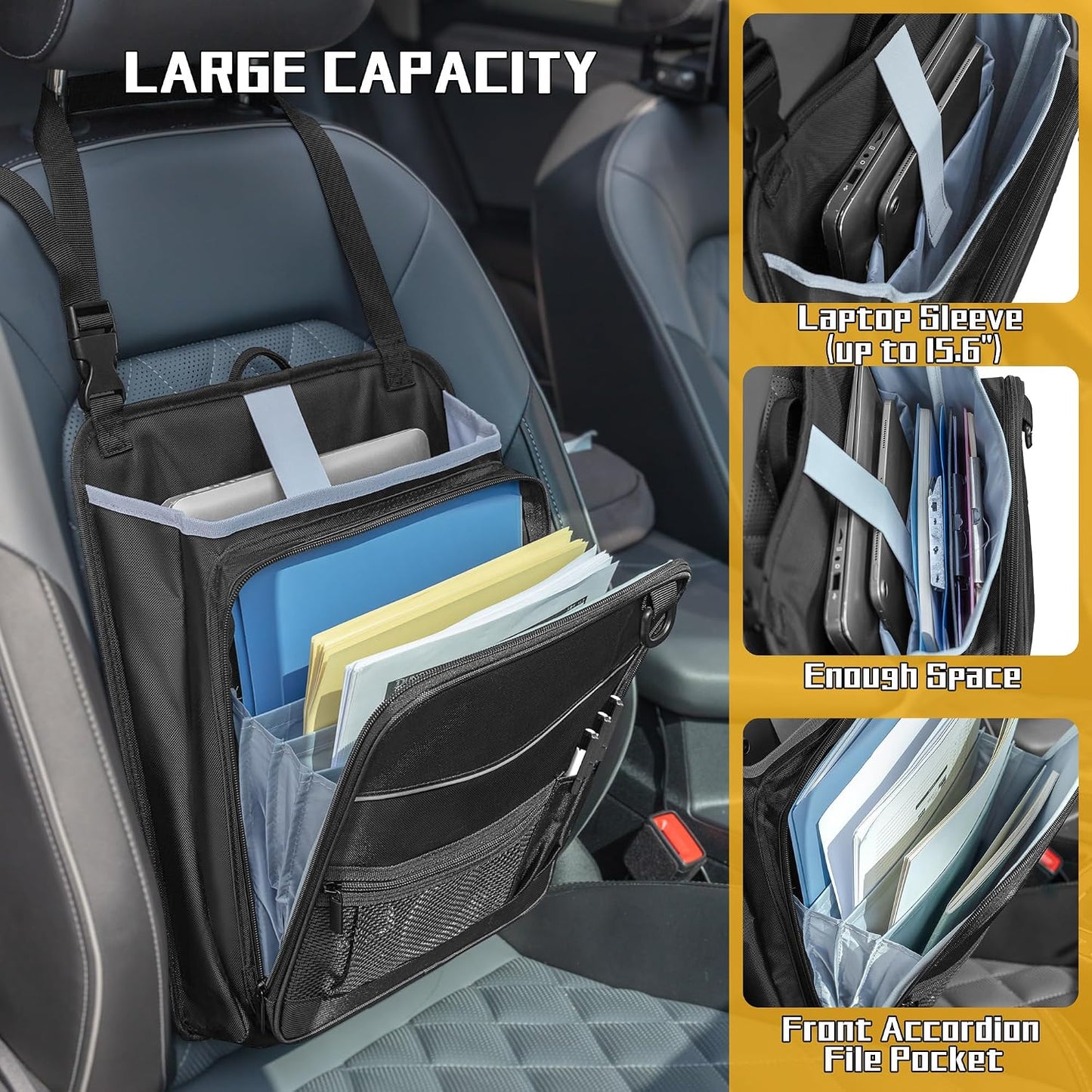 LUXJA Car Front Seat Organizer with Accordion File Pocket, Passenger Seat Organizer with Laptop Sleeve (Up to 15.6 In) and Adjustable Strap, Black