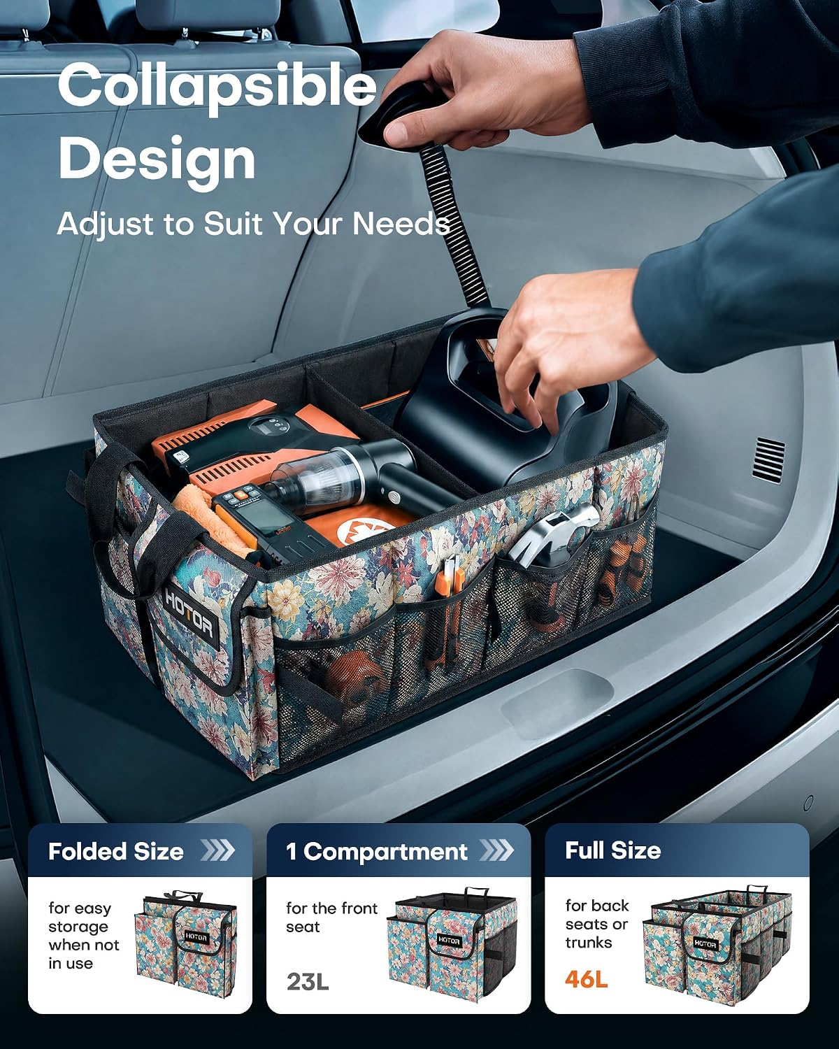 HOTOR Trunk Organizer- Car Organizer, Foldable Trunk organizer for SUVs & Sedans, Sturdy Car Organization for Car Accessories, Tools, Sundries, Blue Flower, 2 Compartments, 21.3"×12.6"×10.6"