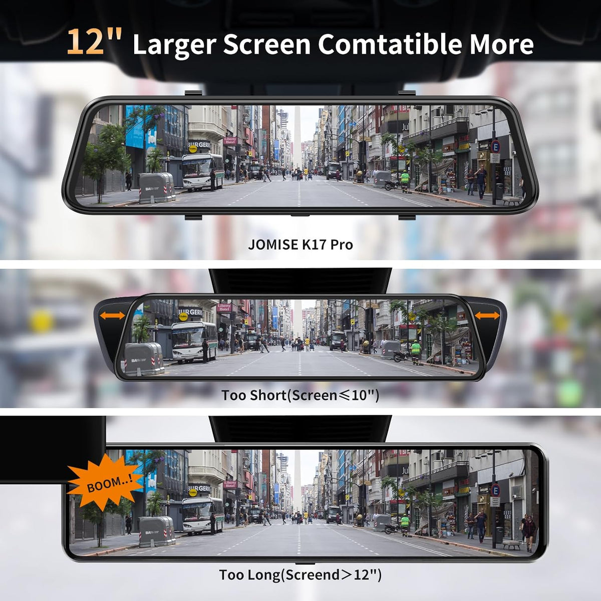 2.5K Mirror Dash Cam with CarPlay Mirror & Android Auto, Dash Cam Front and Rear with Zoom Function,12 inches Rear View Mirror Camera with Voice Control/BT Call/64GB Card Included-JOMISE K17 Pro