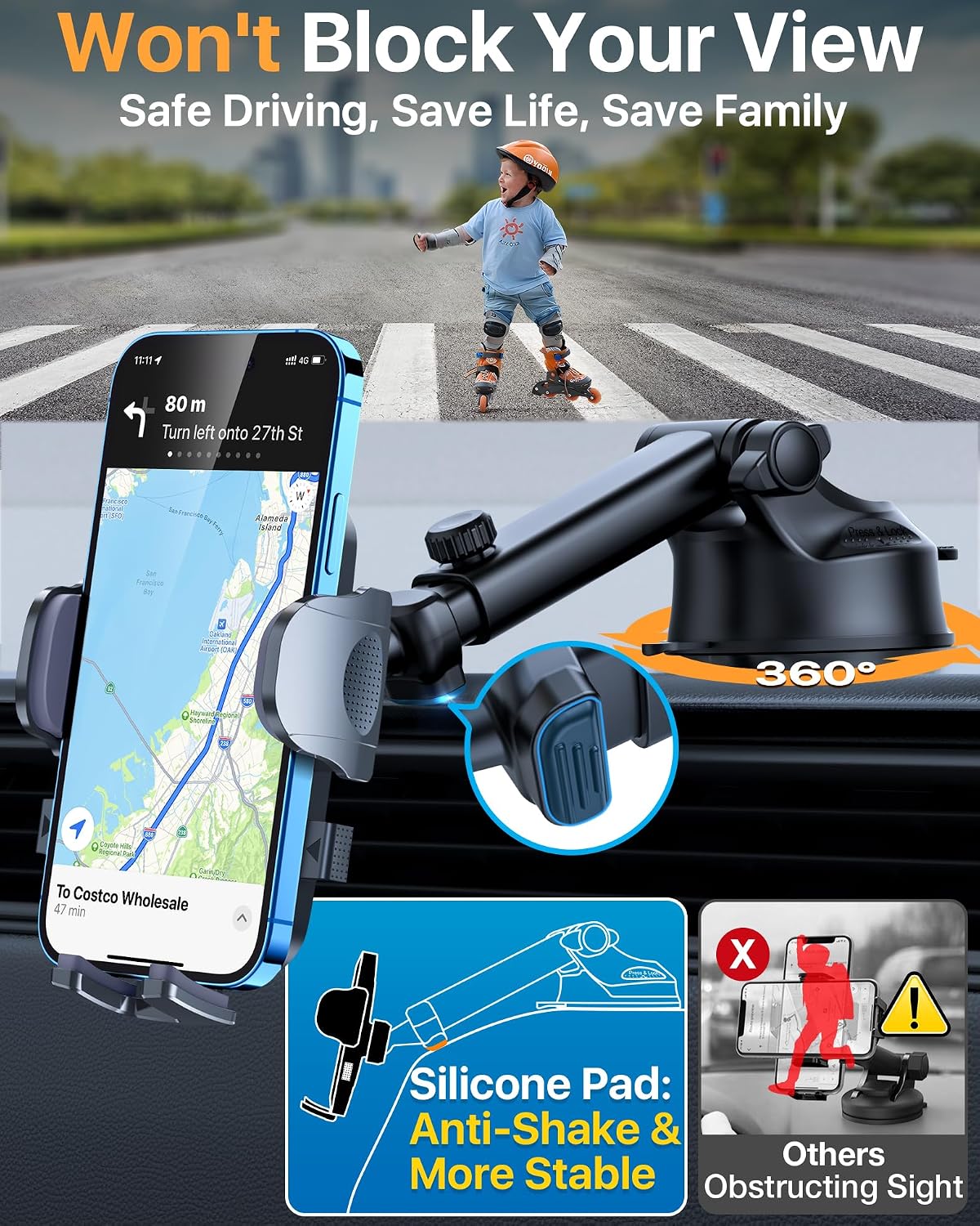 【Upgraded Strongest Suction & Pro Military-Grade Certs 】Ultimate Car Phone Mount【360°Rotatable Suction】Cell Phone Holders Truck Stand for Dashboard Windshield Vent for iPhone 17 Pro Max Samsung,Black
