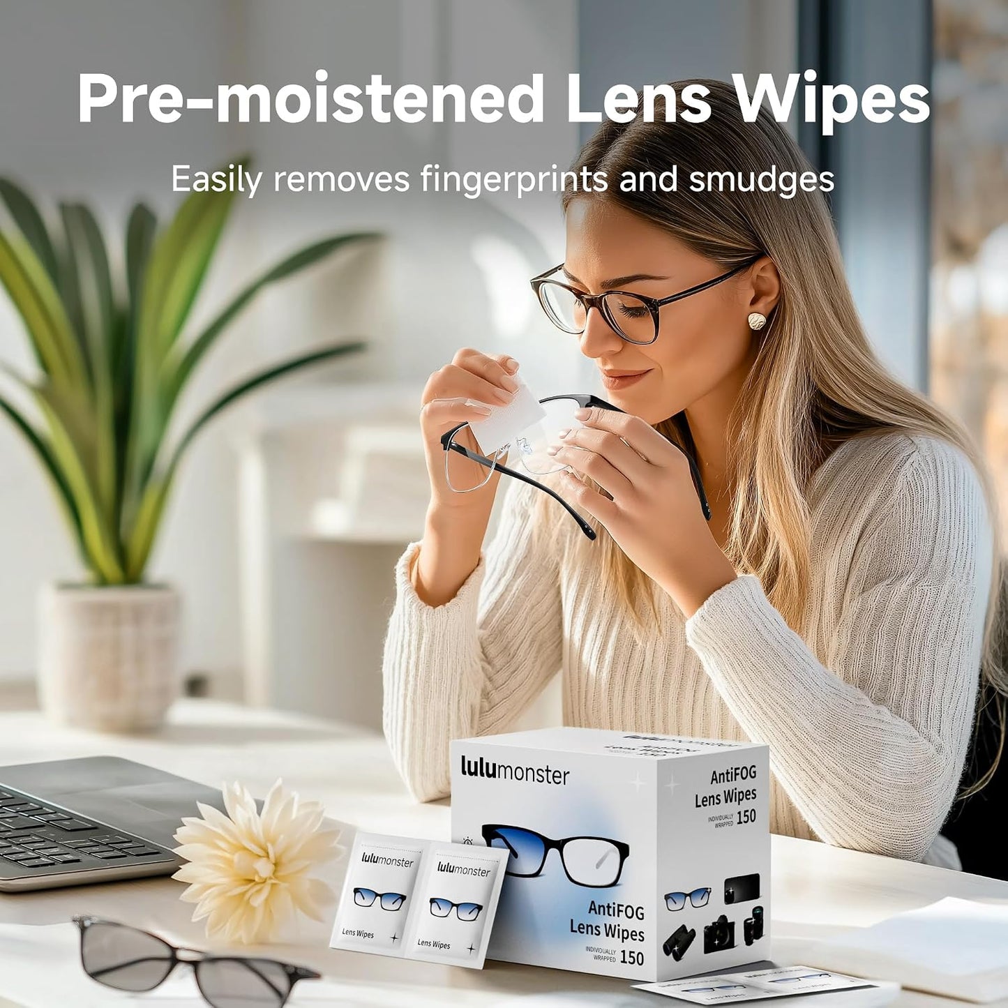 Anti Fog Lens Wipes for Eyeglasses, 150 Individually Wrapped Pre-Moistened Glasses Cleaning Wipes, Streak-Free Lens Cleaner for Glasses, Sunglasses, Phone Screen, Camera Lens & Goggles