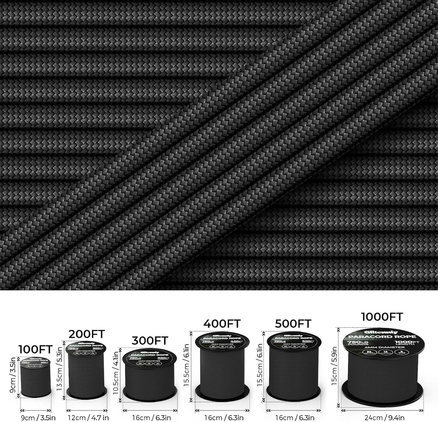 Paracord Rope 750lb Parachute Cord 4MM 12-Strand para Cord - Heavy Duty Spool String for Survival,Camping Gear, Survival Bracelet, Clothesline Clothes line Outdoors(Black, 400FT)