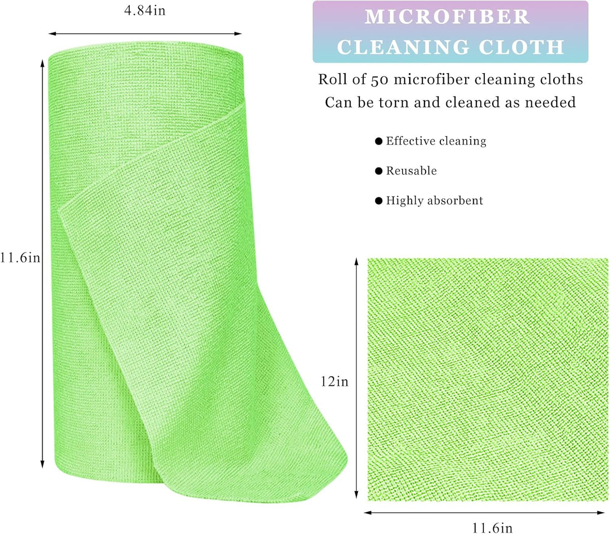 50PCS Microfiber Towel Roll, 12×11.6 inch Washable Tear Away Cleaning Cloth, Reusable Ultra Absorbent Rags Scratch Free Quick Drying Towel Roll, Lint-Free Cloth for Car (Green)