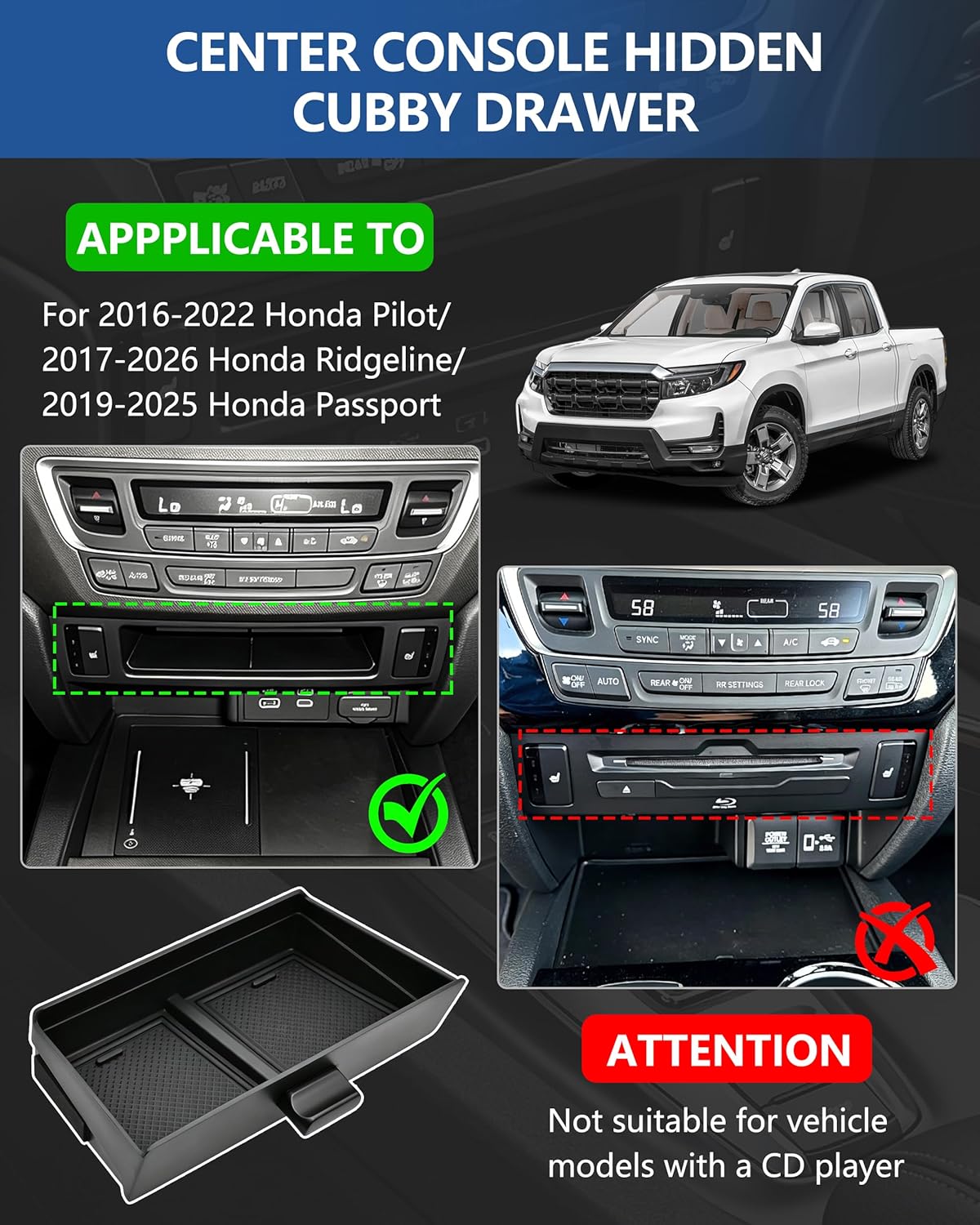 Center Console Organizer Tray for Honda Pilot 2016-2022/ Ridgeline 2017-2026/ Passport 2019-2025, Drawer Storage Box Insert, Hidden Cubby Organizer, Only Fit Models with Cubby