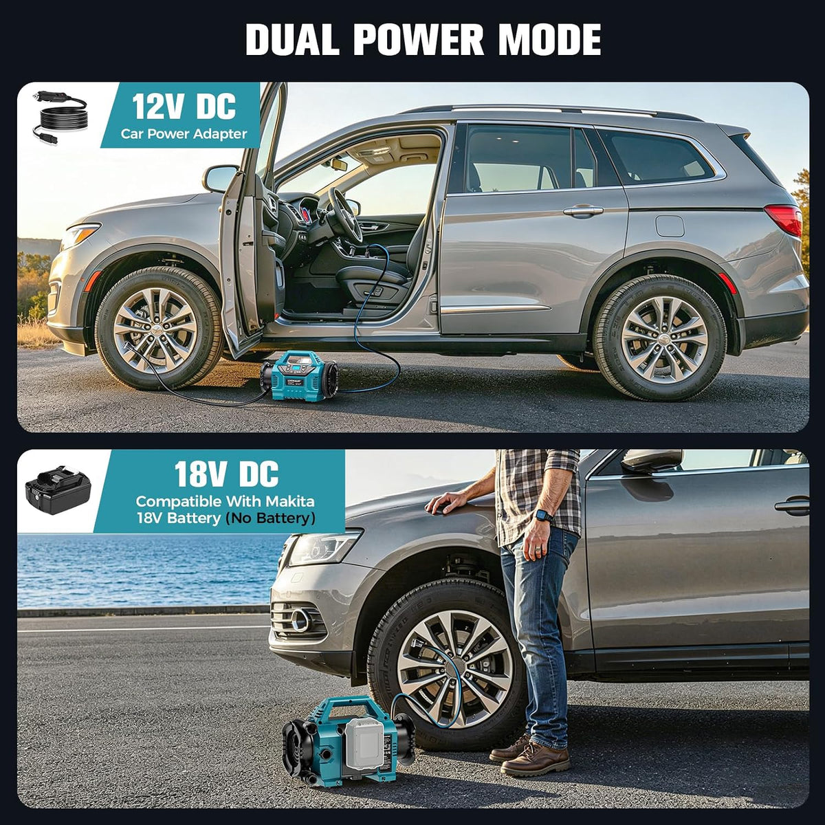 3X Faster Cordless Tire Inflator Air Compressor Pump Compatible With Makita 18V Battery, LIVOWALNY 160PSI 12V DC/18V DC with Pressure Gauge & Deflator for Car, Pickup, Air Mattresses (Tool Only)