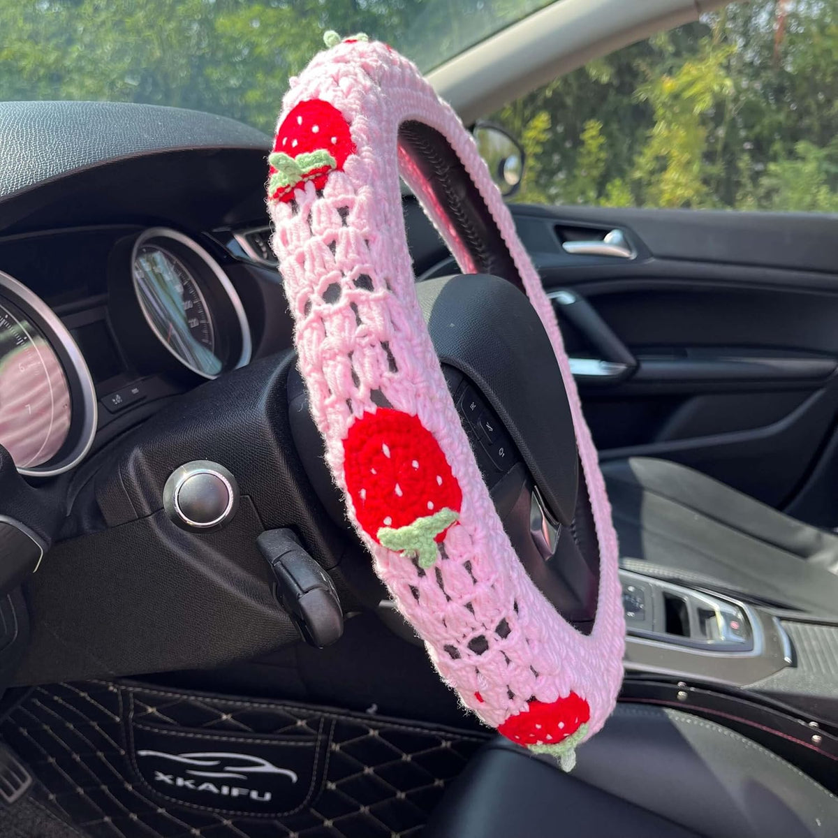 Crochet Steering Wheel Cover, Cute Pink Strawberry Boho Car Accessories