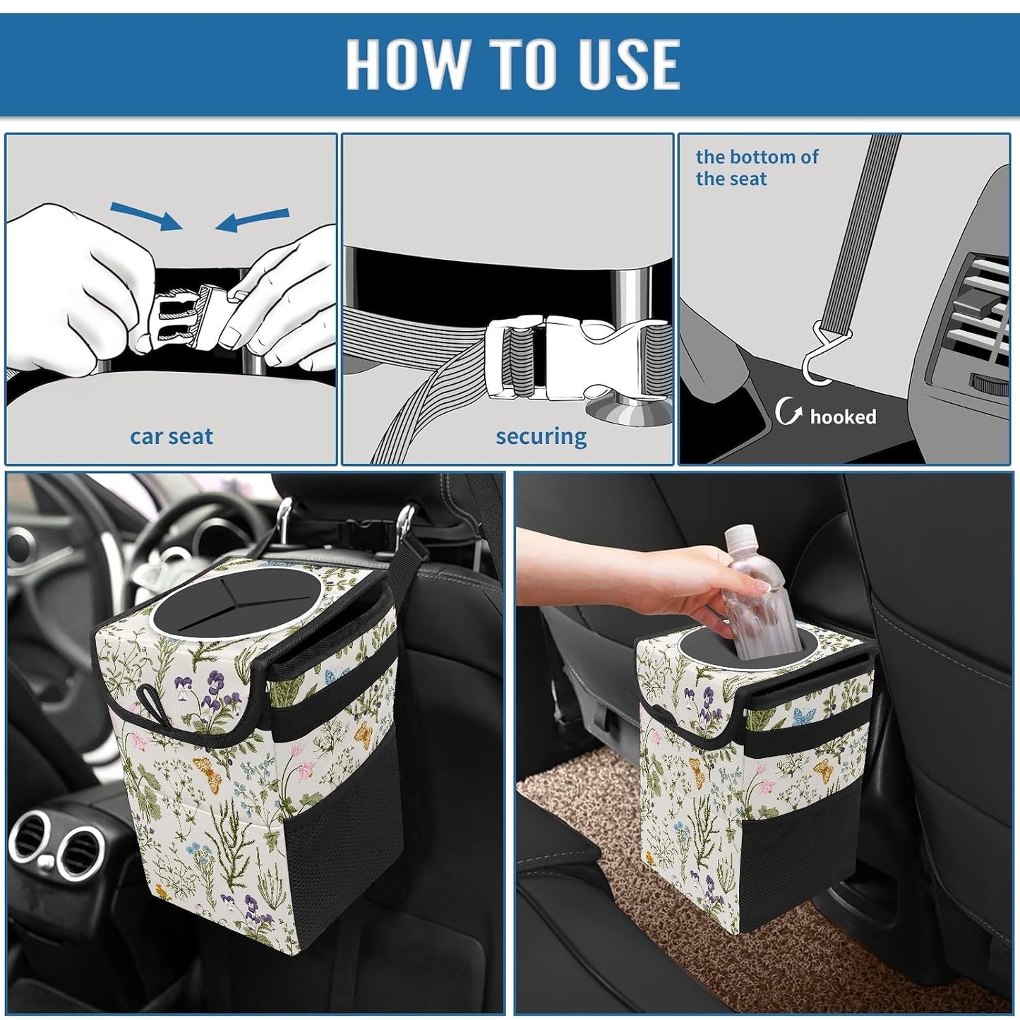 Car Trash Can with Lid Vintage Botanical Wildflowers Collapsible Reusable Leak-Proof Auto Garage Bag,Hanging Vehicle Car Accessories Interior Car Organizer