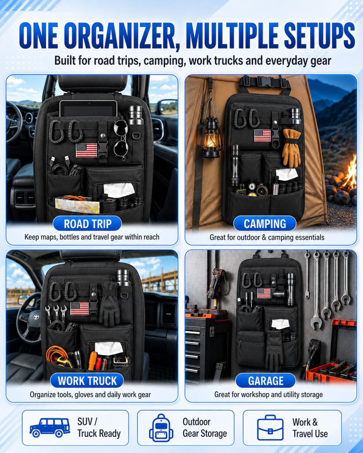 Tactical MOLLE Car Seat Back Organizer, Heavy Duty Backseat Storage Kit