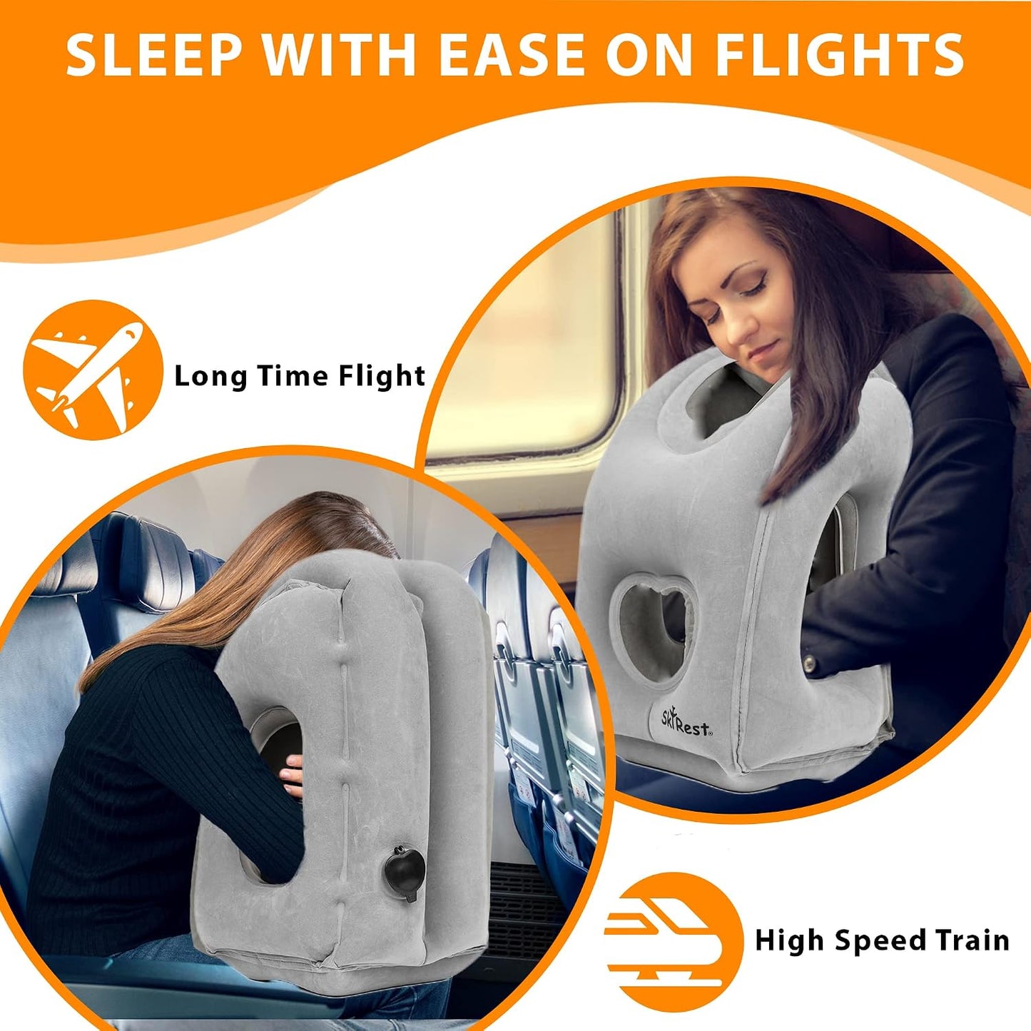 Inflatable Travel Pillow - Airplane Pillow for Neck Support on Long Flights, Buses, Cars, Office & Trains - Comes with Eye Mask, Earplugs & Portable Drawstring Bag - Grey