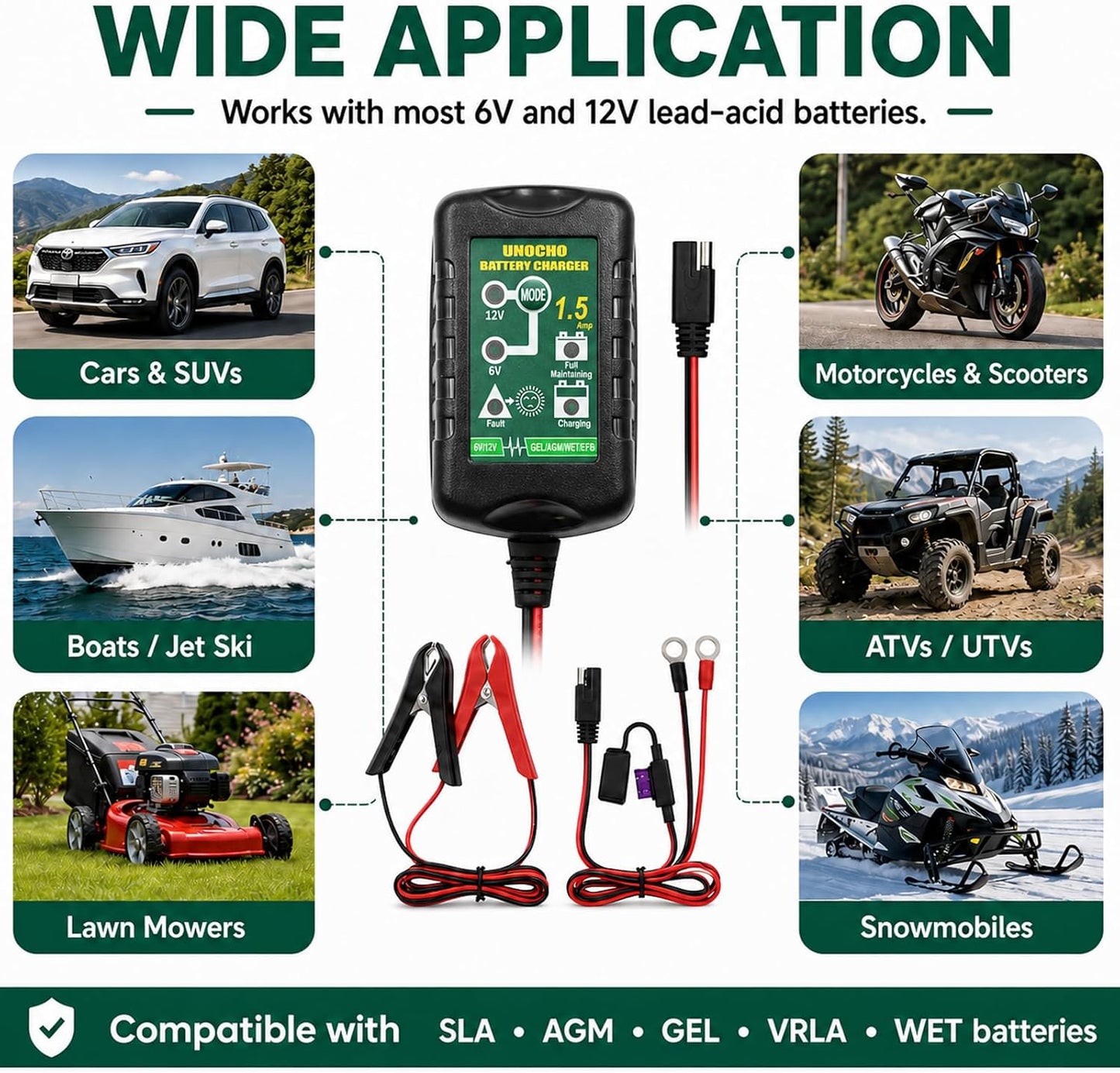 Unocho 6V/12V Battery Charger Maintainer 1.5A Automatic Trickle Charger Smart Float Charger for Car Motorcycle Lawn Mower Boat ATV Snowmobile Lead-Acid AGM GEL SLA VRLA WET Batteries