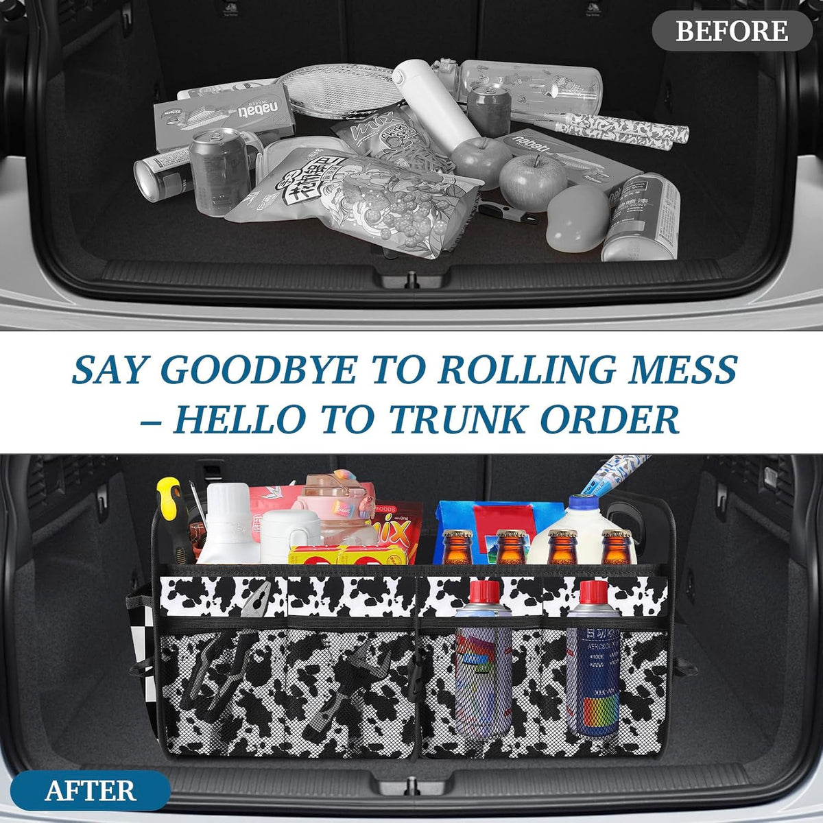 Trunk Organizer, Collapsible Trunk Organizers and Storage, Car Accessories for Women and Men, Multi-Compartment Trunk Storage Organizer for SUV, Car, Mini-Van (Cow Print, Standard)