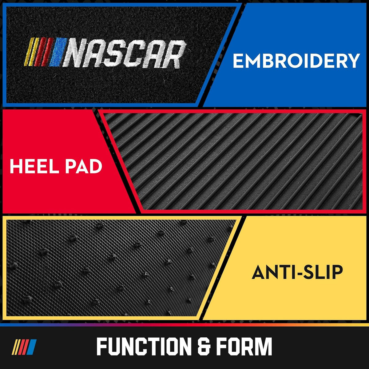 NASCAR Car Floor Mats, Carpet & Blue Leather Design Car Mats, Universal-Fit All-Weather Car Floor Mats with Built-in Heel Pad & Anti-Slip Backing, Durable Odorless Automotive Interior Accessories