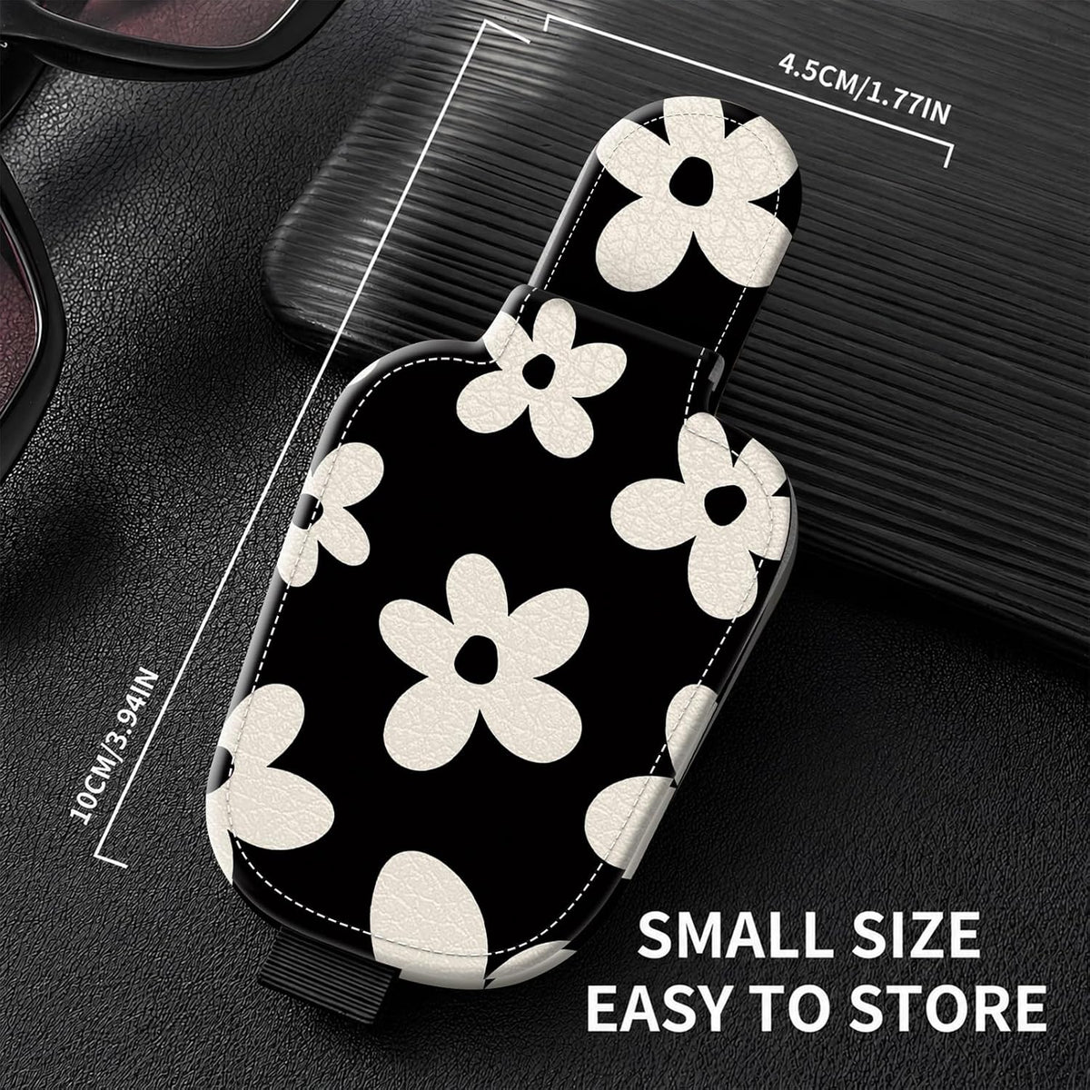 Sunglasses Holder for Car Visor, PU Leather Glasses Clip Organizer, Cute Magnetic Eyeglass Holder for Vehicle Sun Visor, Car Interior Accessory for Women & Men, Daisy Flower