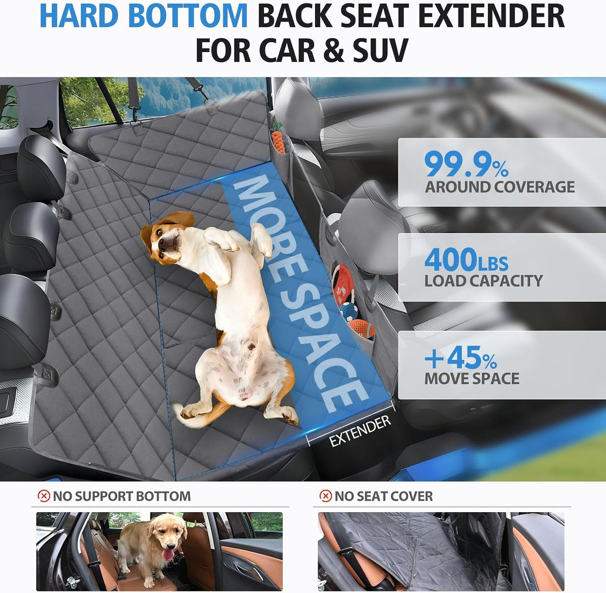 Back Seat Extender for Dogs, Hard Bottom Car Seat Cover
