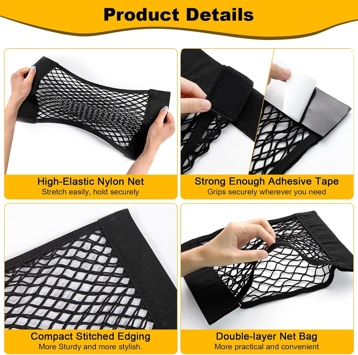 PIFOOG 4Pcs Car Storage Net Pockets, Stretchable Mesh Cargo Net Organizer with Adhesive Hook and Loop Strips, Universal Trunk Back Seat RV Camper SUV Truck Storage Pouch, 11.8" x 9.8" & 15.7" x 9.8"
