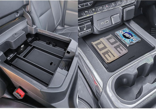HGWEI Center Console Hidden Compartment Organizer Compatible with (2019-2022) Chevy Silverado/GMC Sierra 1500 and (2020-2023) 2500HD/3500HD Accessories Armrest Storage Tray - Full w/Bucket Seats ONLY