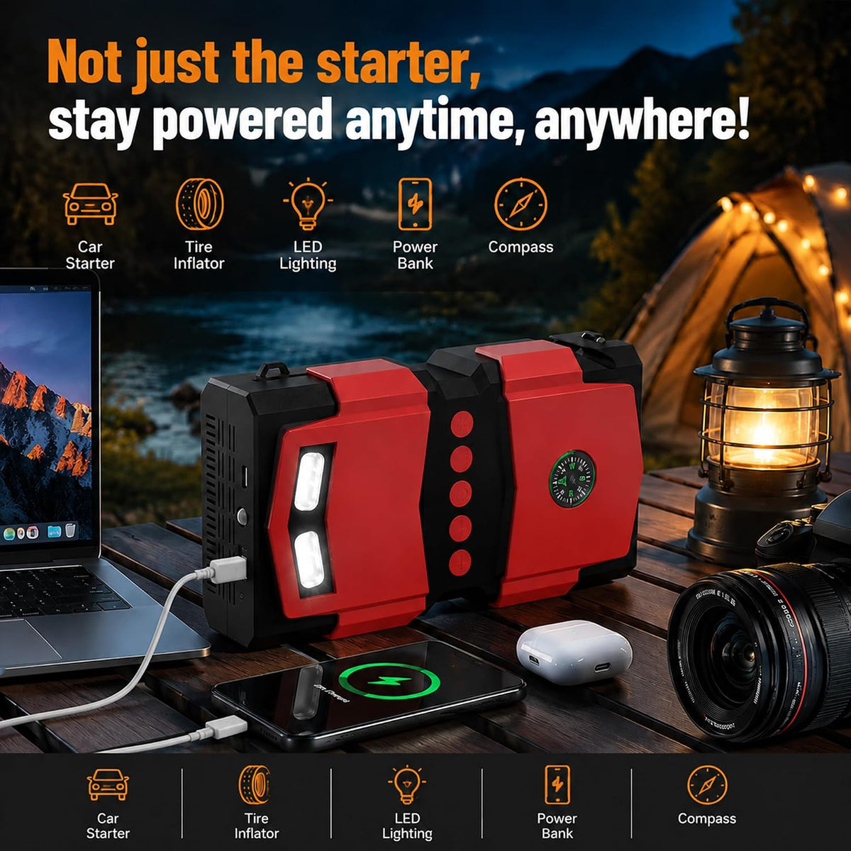 Car Jump Starter with Built-in Air Compressor, Portable Car Battery Jump Box, Multifunctional Tire Inflator, Emergency Car Battery Booster Pack for Cars, Motorcycles, Trucks