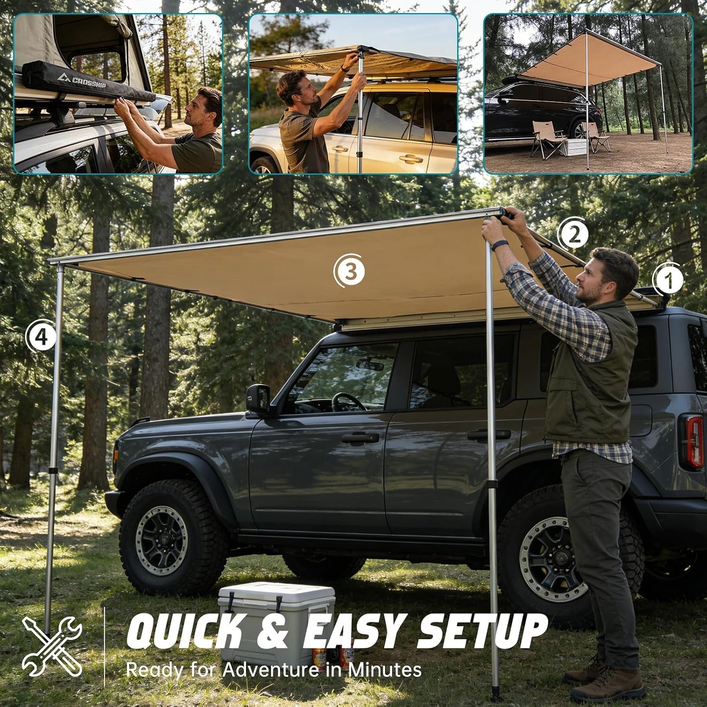 Vehicle Awning 8.2'x10' - Car Awning Roof Rack Pullout Sun Shade, Upgraded Twist-Lock Aluminum Poles, Vehicle 4x4 Side Canopy for SUV Truck Van Overlanding Camping, UV50+ PU10000mm Waterproof