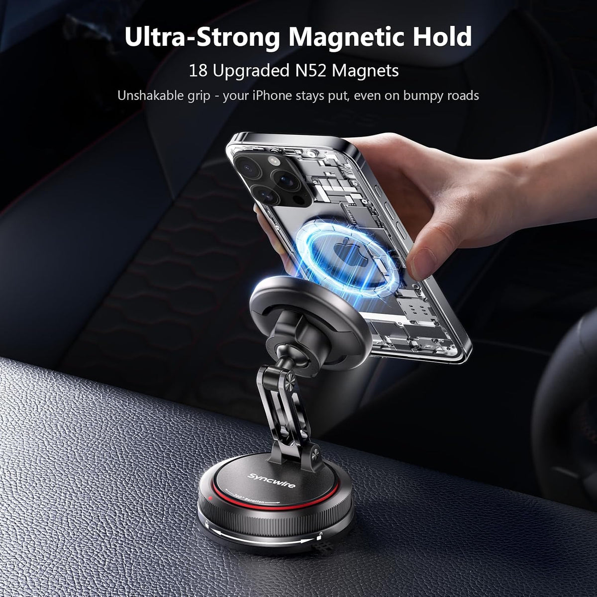 SYNCWIRE for MagSafe Car Mount [2-Axis Design] Nano Adhesive Gel + Suction Cup Magnetic Phone Holder for Dashboard & Windshield, 360° Adjustable for iPhone 17 16 15 14 13 12 11, Samsung, Carbon Fiber