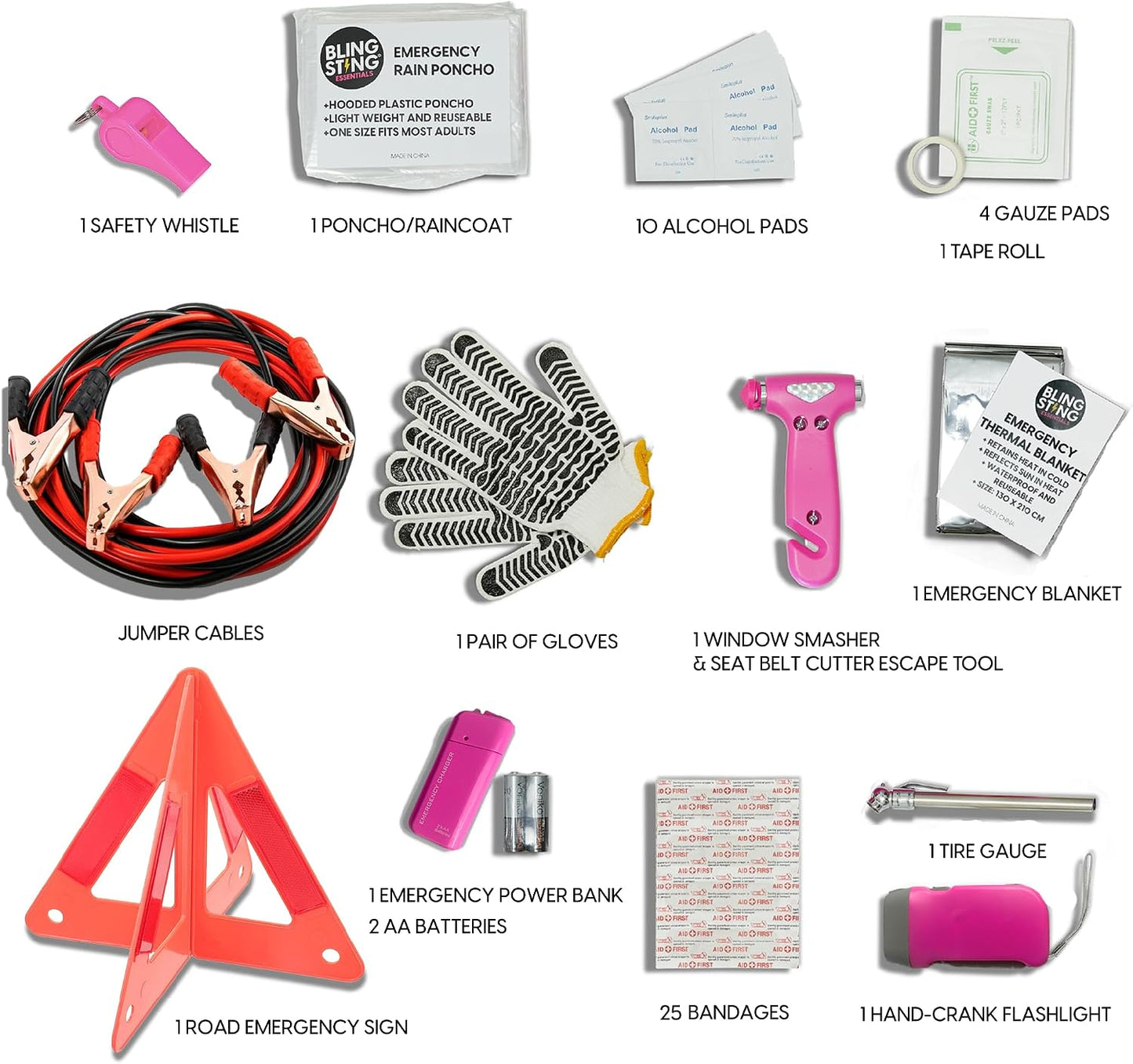 Supercharged Car Emergency Kit – 52-Piece Pink Roadside Safety Tools with Jumper Cables, Flashlight, Escape Tool &amp; First Aid Essentials – Compact Travel Case for Women, New Drivers &amp; Students