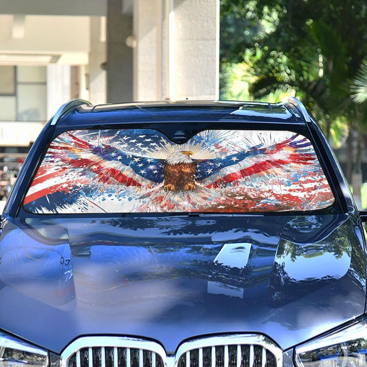 Foldable Car Windshield Sun Shade American Flag Fireworks Accordion Folding UV Block Cooling Sunshade Visor Front Window Keeps Vehicle Cool 55 x 27.6