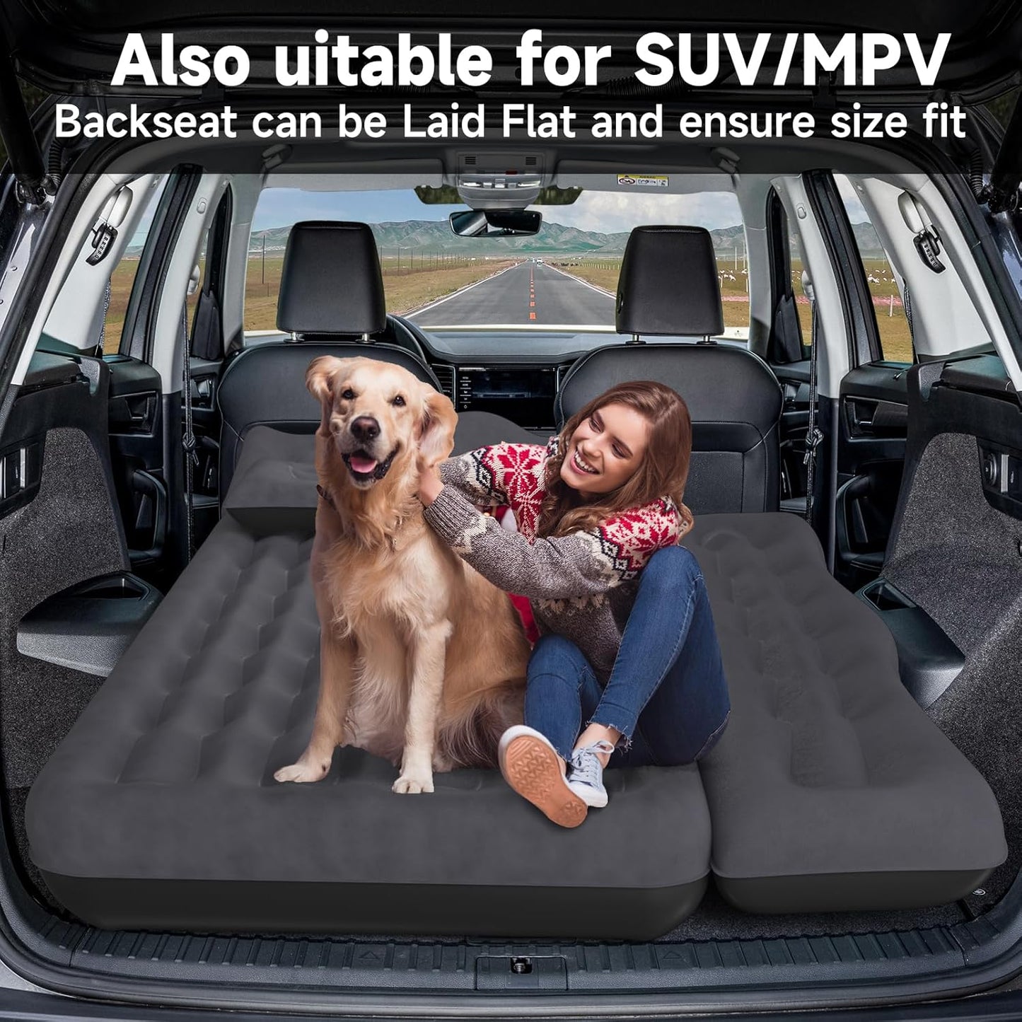 Back Seat Car Air Mattress: Inflatable SUV Car Camping Bed for Truck Van, Thickened Double-Sided Flocking Travel Car Sleeping Pad with Air Pump 2 Pillows